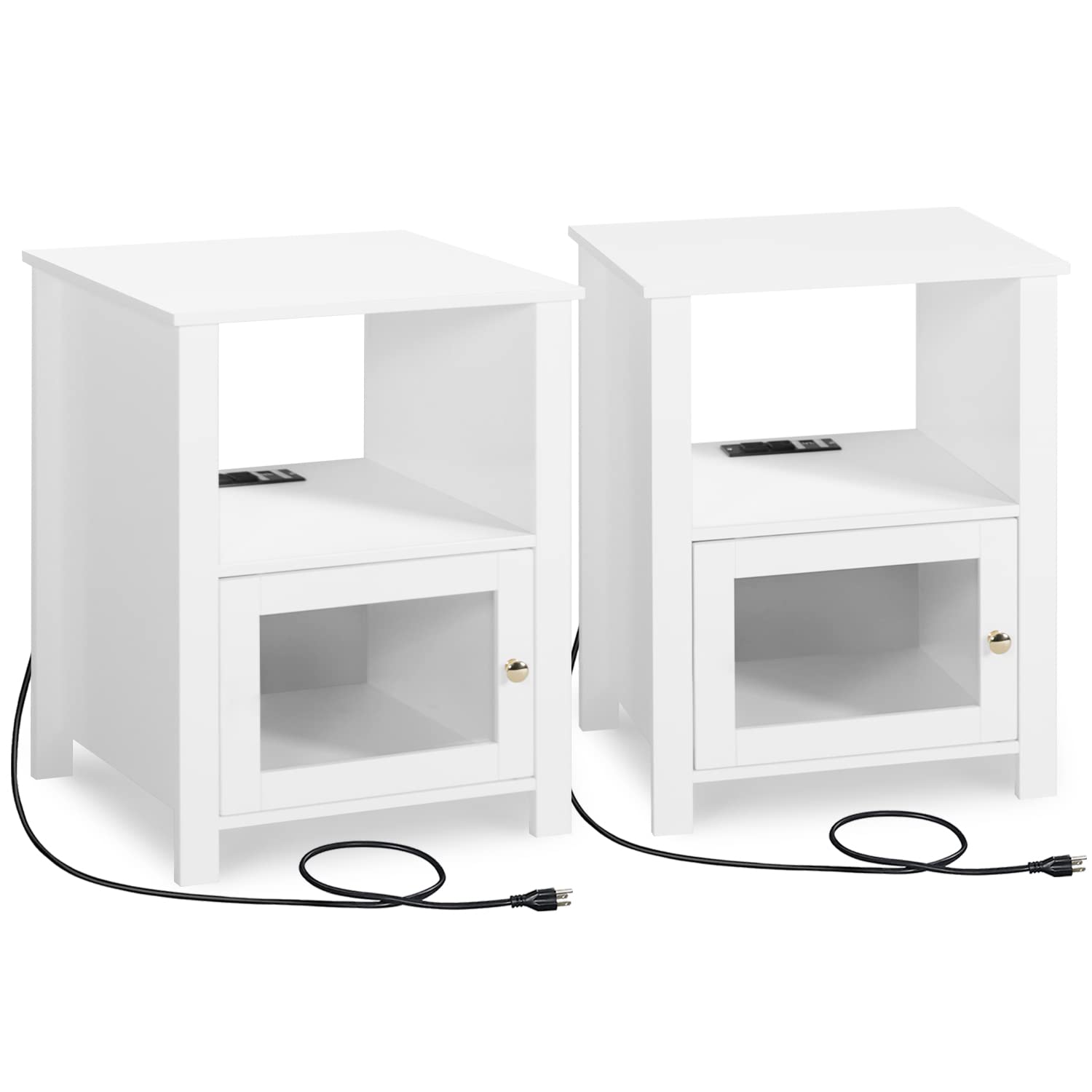 LTMEUTY Modern End Tables with USB Charging Station - Set of 2 Nightstands with Outlets & Storage Cabinet, White | Perfect for Living Room, Bedroom & Small Spaces - Ideal as Sofa Side Tables, Bedside Nightstands & Home Office Furniture