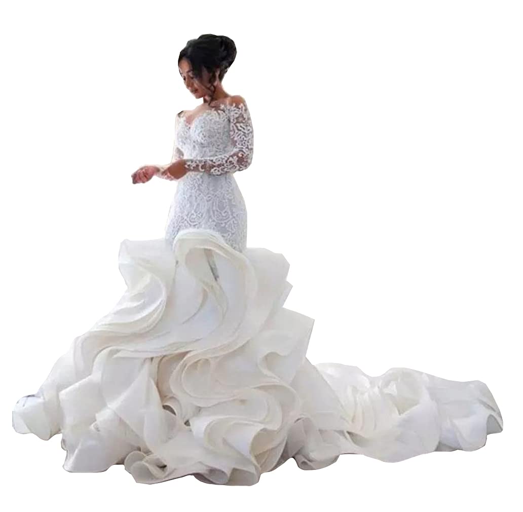 Plus Size Beach Wedding Dresses - Elegant Lace Bridal Ball Gowns with Ruffles & Long Train Mermaid Style for Curvy Brides | Long Sleeve Formal Gowns for Beach Weddings, Destination Ceremonies & Romantic Photos