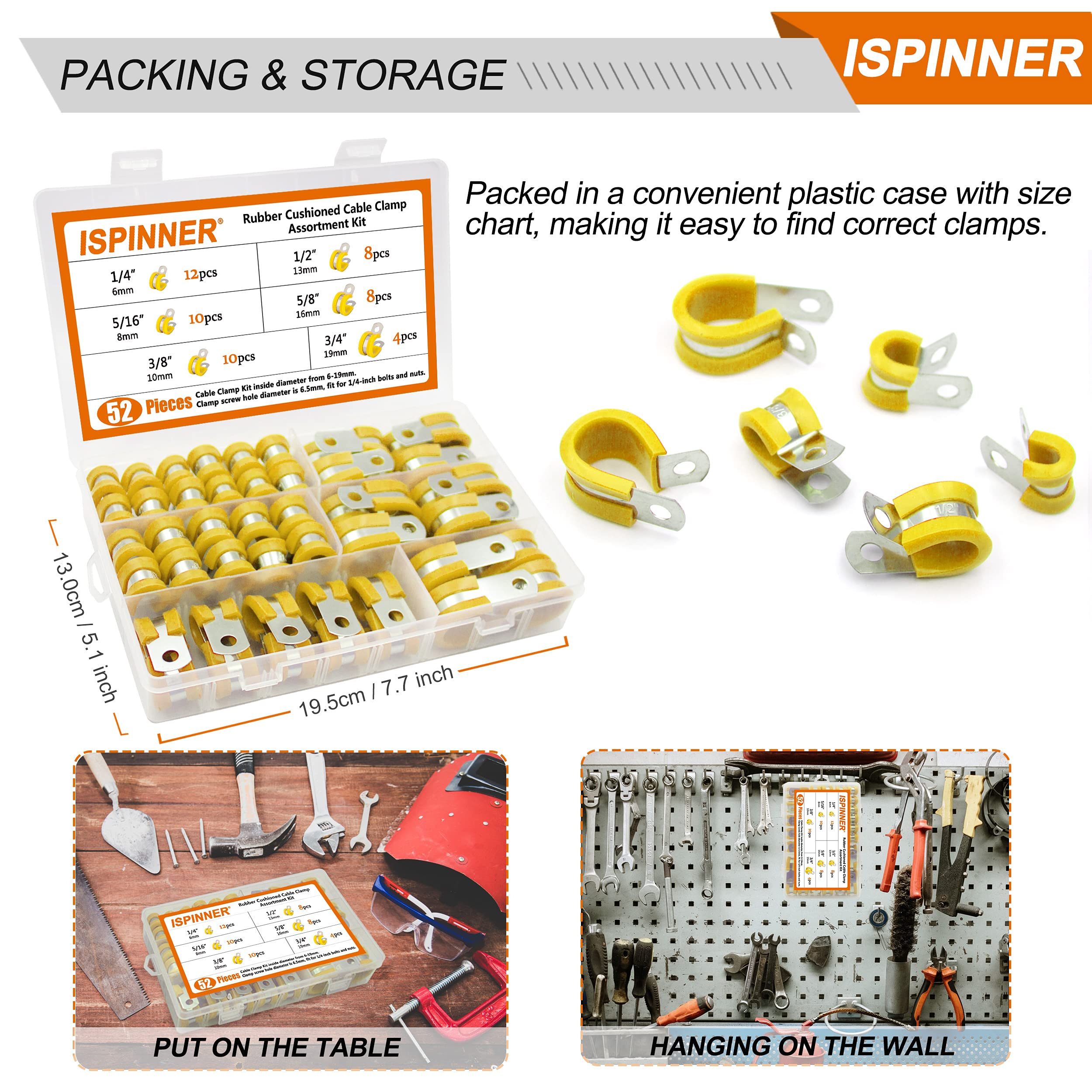 ISPINNER 52pcs Stainless Steel Cable Clamps Kit - 304 Rustproof Pipe Clamps with Rubber Cushion in 6 Sizes (1/4