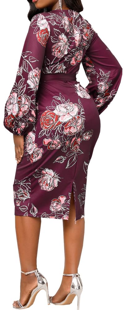 Women's Floral Print Bodycon Dress - Business Casual Pencil Dress with Round Neck & Sleeves for Office, Party & Date Night Outfits