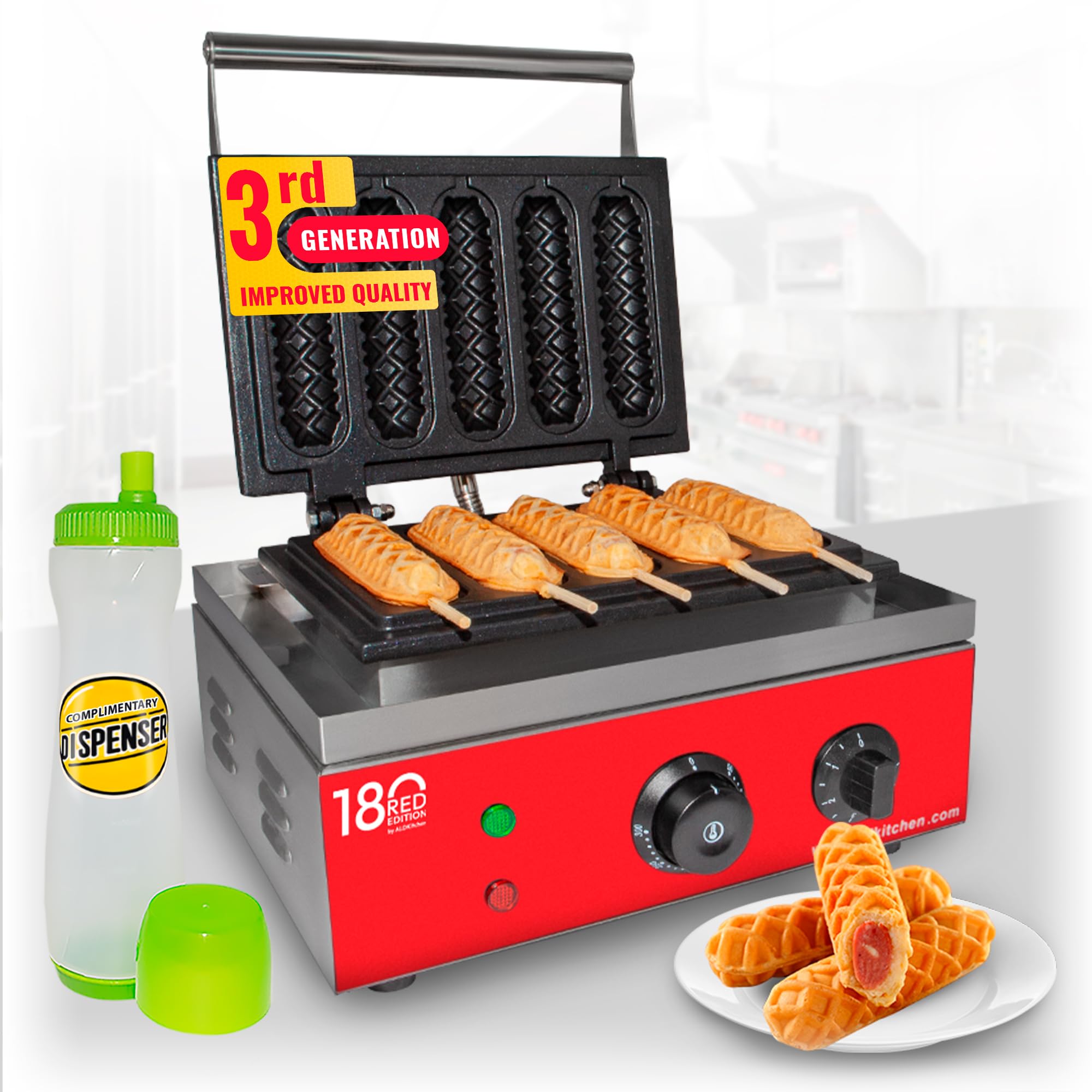 ALDKitchen Commercial Waffle Dog Maker - Stainless Steel Corn Dog Machine with Red Panel - 110V for 5 Waffles on a Stick - Perfect for Food Trucks, Fairs & Home Breakfast
