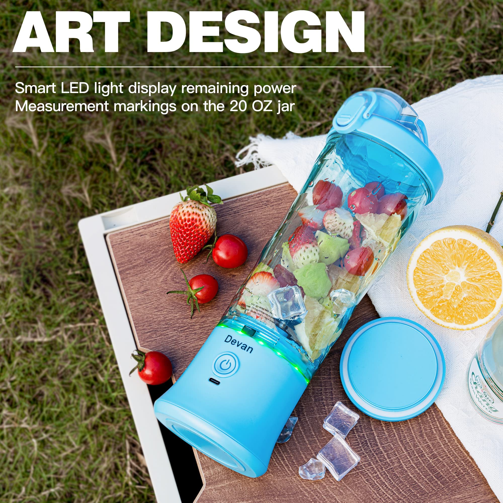 Portable Blender 270W - USB Rechargeable Waterproof Smoothie Maker with 20oz BPA-Free Travel Cup & Lid - Perfect for Shakes, Smoothies, Protein Drinks at Gym, Office or Outdoor Activities (Blue)