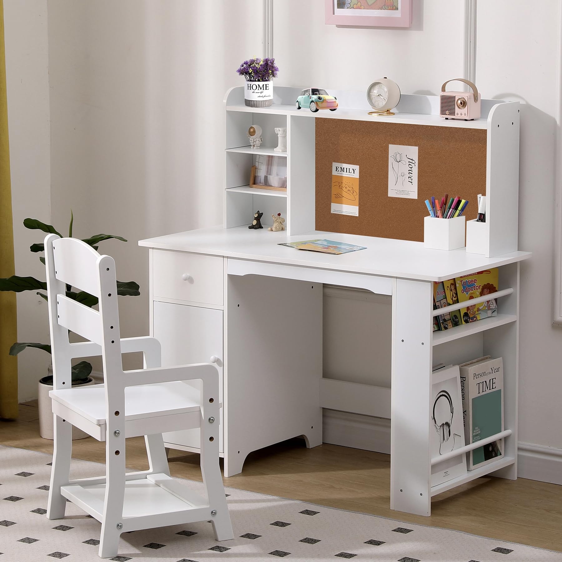White Study Desk and Chair Set with Bookshelf, Bulletin Board & Storage Cabinets - Perfect Kids Study Furniture for Boys & Girls Ages 3-8 - Ideal for Bedroom, Homeschooling & Learning Activities