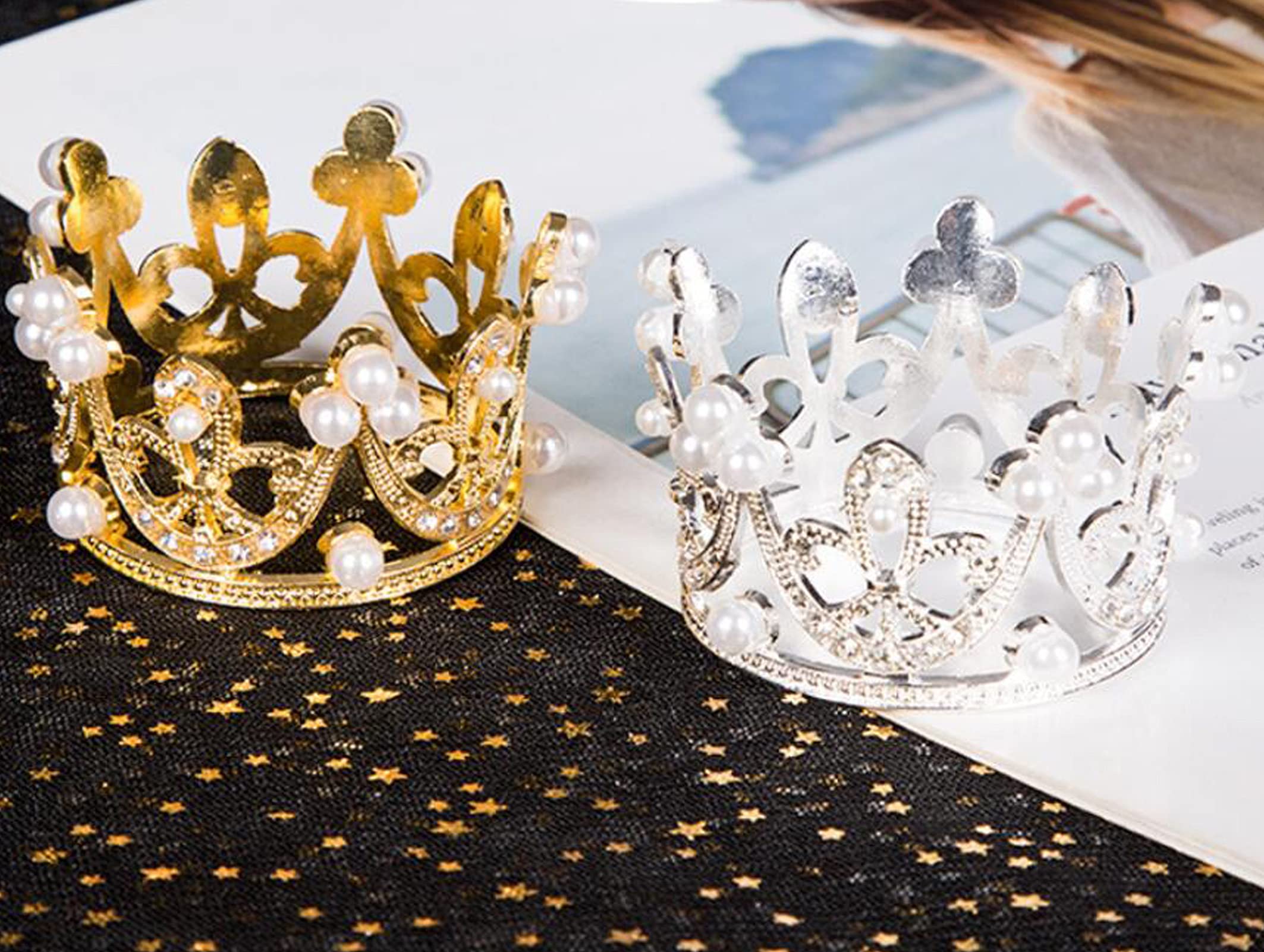 4 Pack Mini Crown Cake Toppers - Gold & Silver Crystal Rhinestone Cupcake Tiara for Baby Shower, Birthday, Wedding, Christmas, Princess Theme Party Decorations - Perfect for Newborn Photo Props and Dessert Table Centerpieces