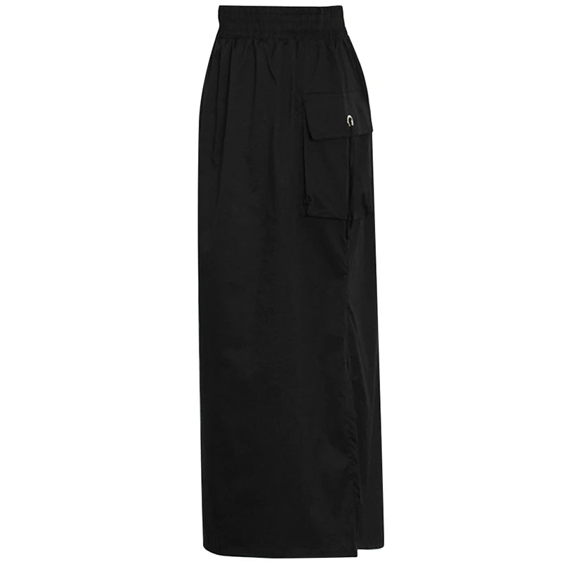 Women's Black Patchwork Pocket Skirt - High Waist Drawstring Midi Skirt for Casual Outfits | Spring Fashion Clothing | Perfect for Office Wear, Date Nights & Weekend Outings