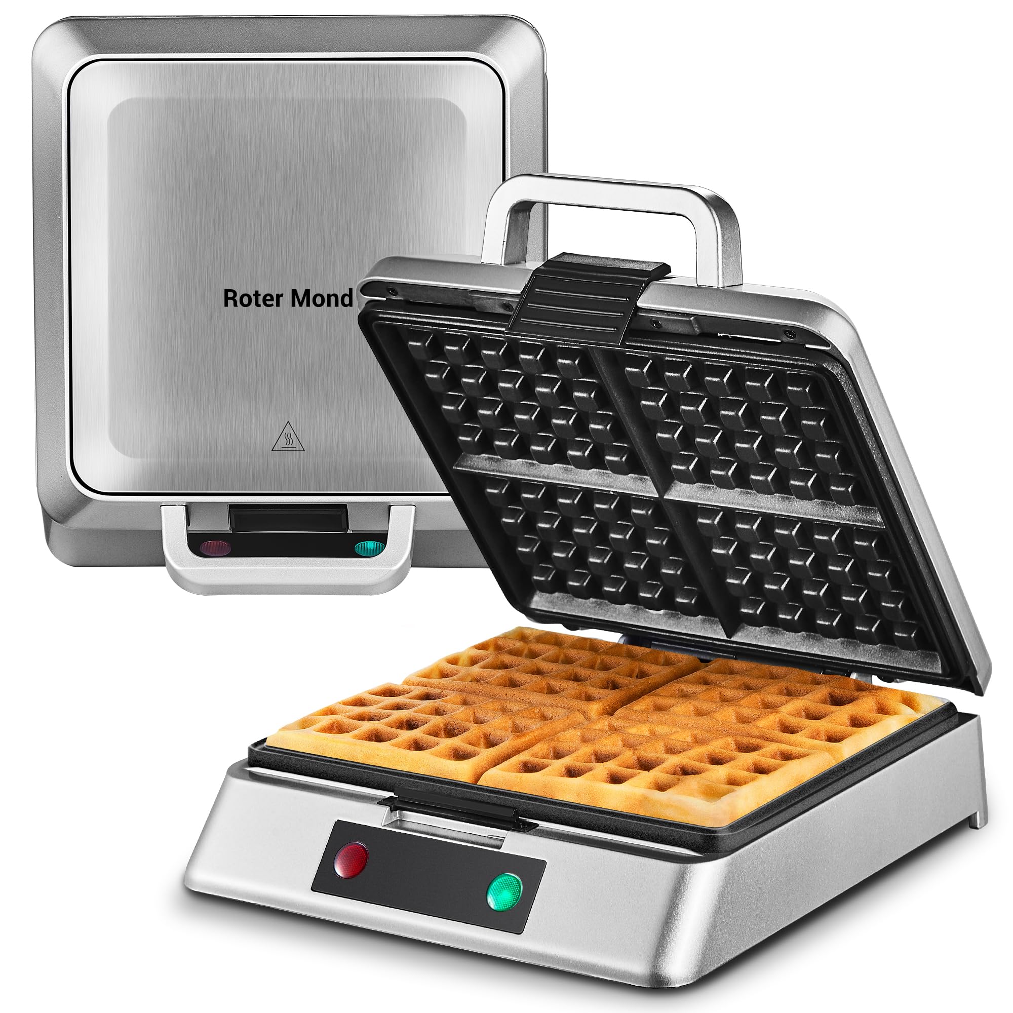 Roter Mond Belgian Waffle Maker - 4 Slice Stainless Steel Waffle Iron with Non-Stick Surface, 1300W, Silver | Perfect for Family Breakfast, Easy to Clean & Space-Saving Storage | Ideal for Home, Brunch Parties & Holiday Gatherings