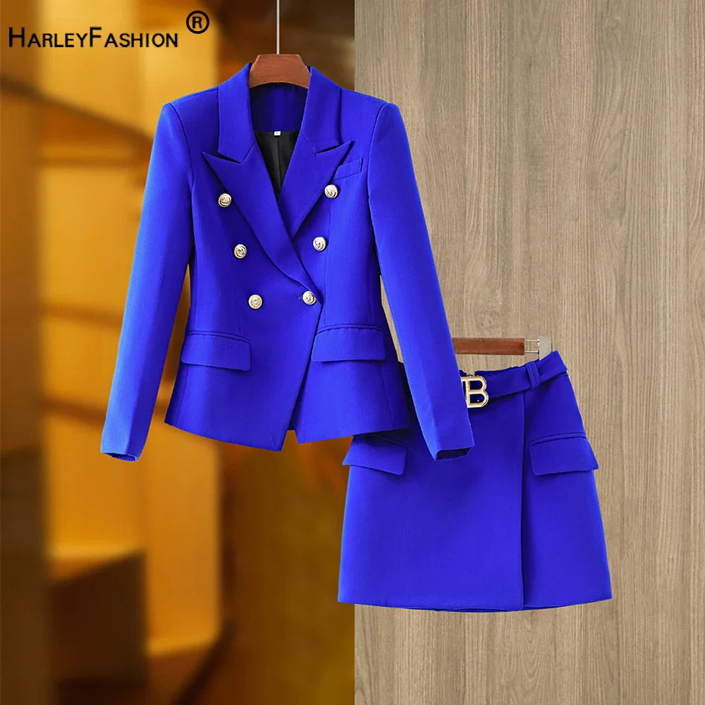HarleyFashion Women's 2-Piece Blazer Suit Set - Solid Color Summer Blue Skirt Twin Sets, Mini Streetwear Outfit for Ladies | Office Wear, Casual Date Night, Business Attire
