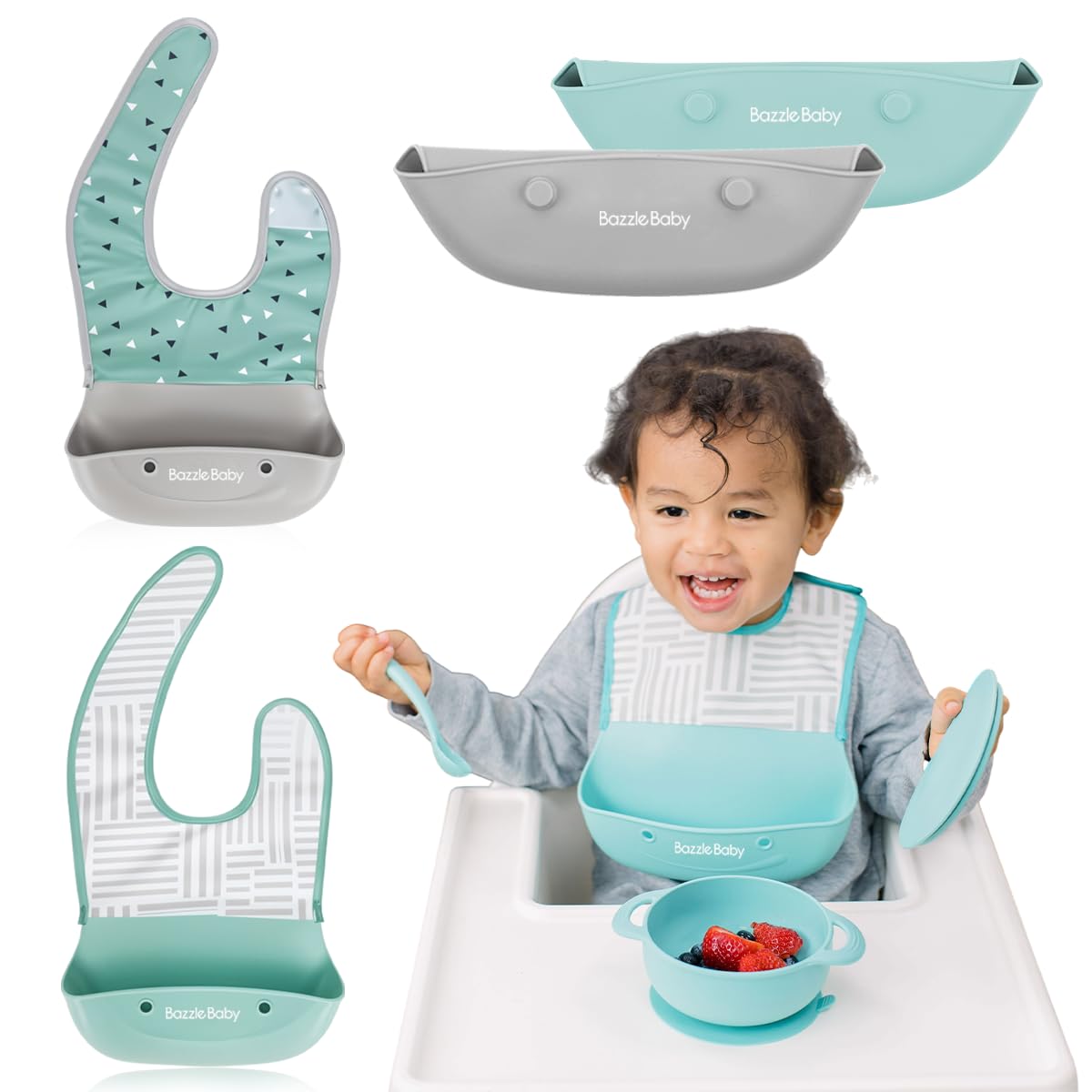 Bazzle Baby Silicone Bibs with Food Catcher - Waterproof 2-Pack for Travel & Storage - Ideal for Messy Eaters
