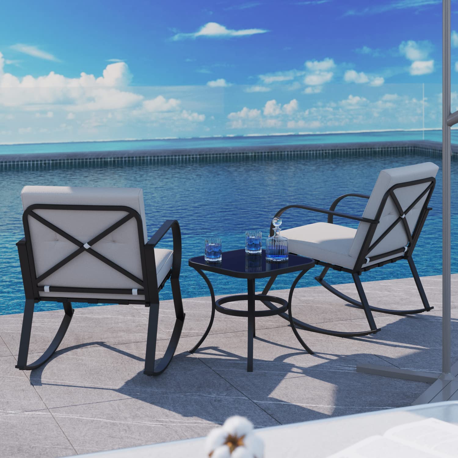 **Flamaker 3-Piece Outdoor Rocking Chair Set – Upgraded Metal Bistro Chairs with Thickened Cushions & Coffee Table – Modern Patio Furniture for Porch, Balcony, Lawn, Garden & Backyard (Beige) – Perfect for Relaxing, Entertaining & Outdoor Dining**