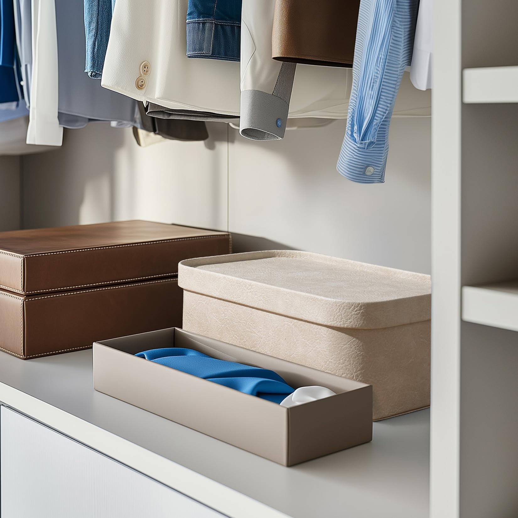 La Jolie Maison 3-Piece Vegan Leather Storage Box Set with Lids - Stackable Decorative Organizer Boxes for Home, Office & Closet - Beige Storage Containers for Jewelry, Makeup & Small Items