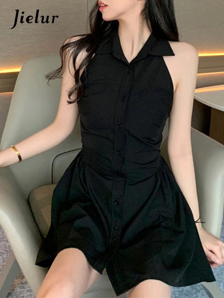 Black Halter Polo Neck Women's Shirt Dress - Slim Waist Sleeveless Solid Color Single Breasted Office Dress for Women | Perfect for Business Casual, Workwear & Summer Outfits