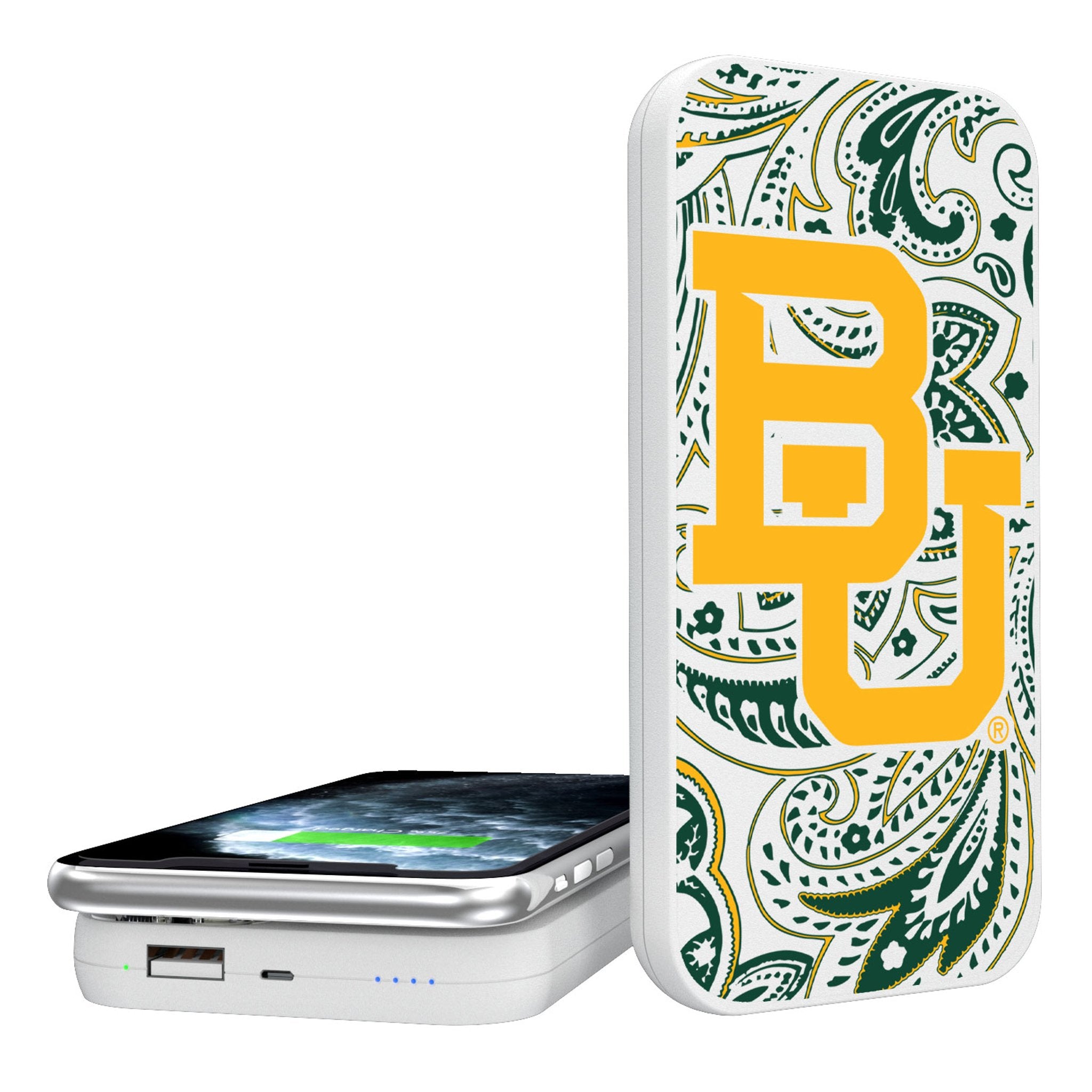 Baylor University Bears Paisley 5000mAh Portable Wireless Charger - Fast Qi Charging Power Bank for iPhone, Samsung, AirPods - Perfect for Travel, Office & College Campus Use