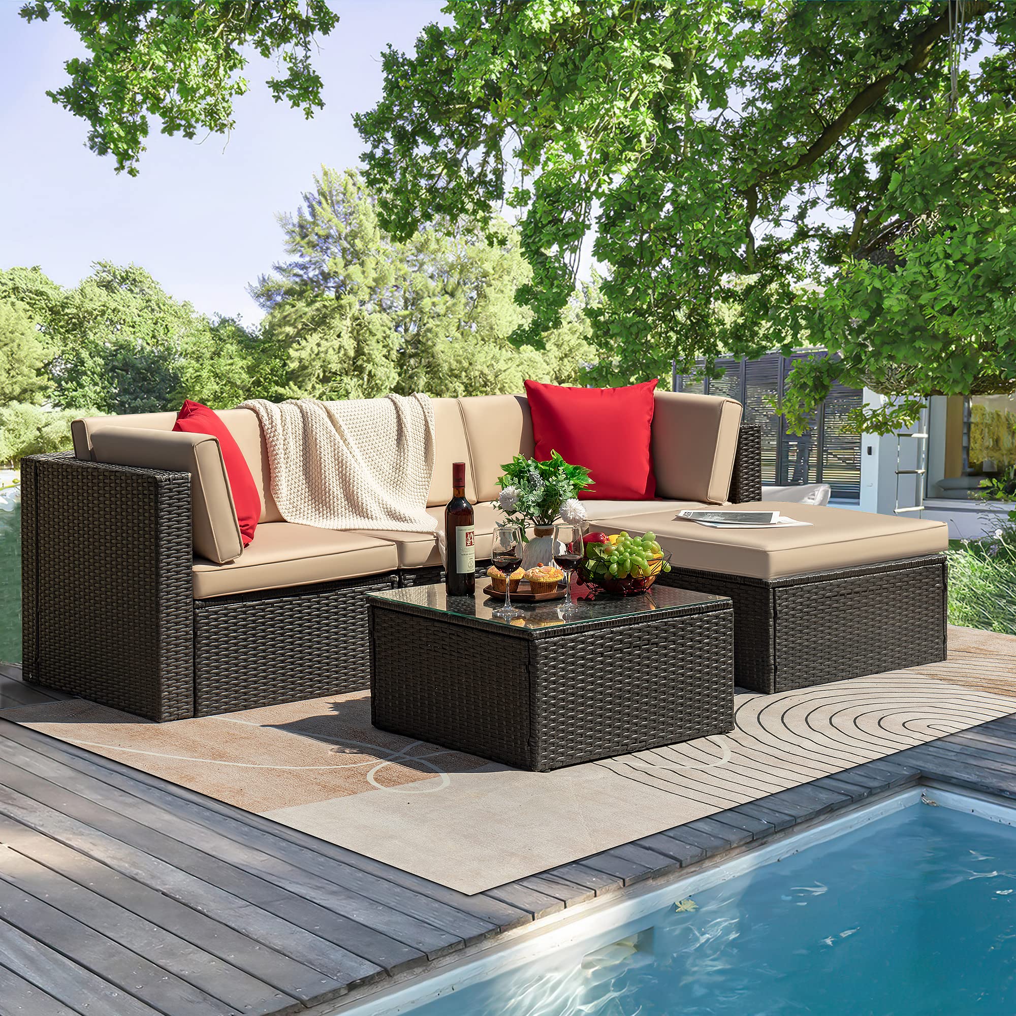 5-Piece Outdoor Patio Furniture Set - PE Rattan Wicker Sectional Sofa with Cushions & Glass Coffee Table for Garden, Lawn, Backyard (Beige) | Perfect for Outdoor Entertaining, Poolside Relaxation & Conversation Areas