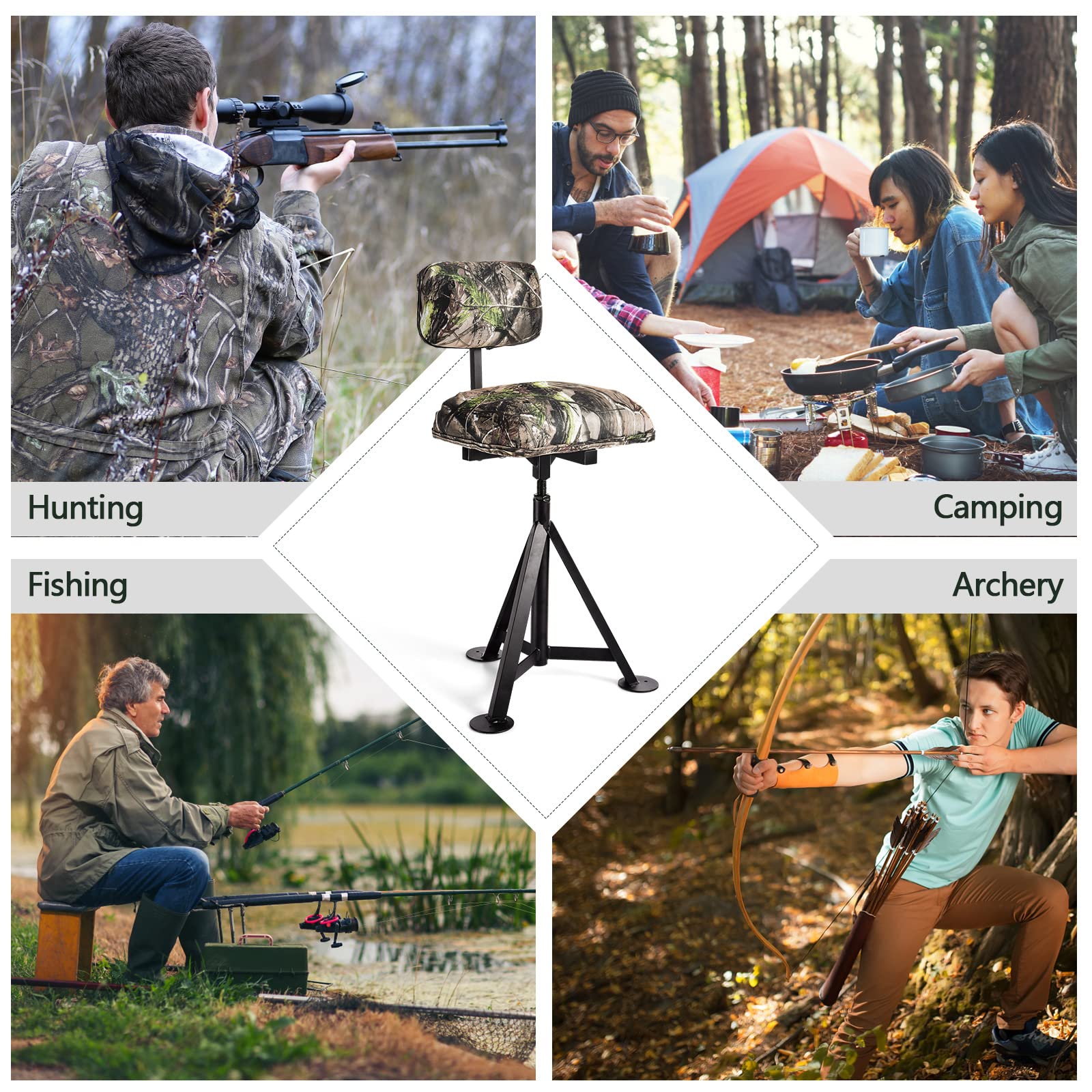 LDAILY 360° Swivel Hunting Chair with Detachable Backrest - Adjustable Height Camo Tripod Stool for Hunting, Fishing & Camping - Padded Seat for Comfort - Perfect for Outdoor Adventures, Blind Hunting & Backpacking Trips