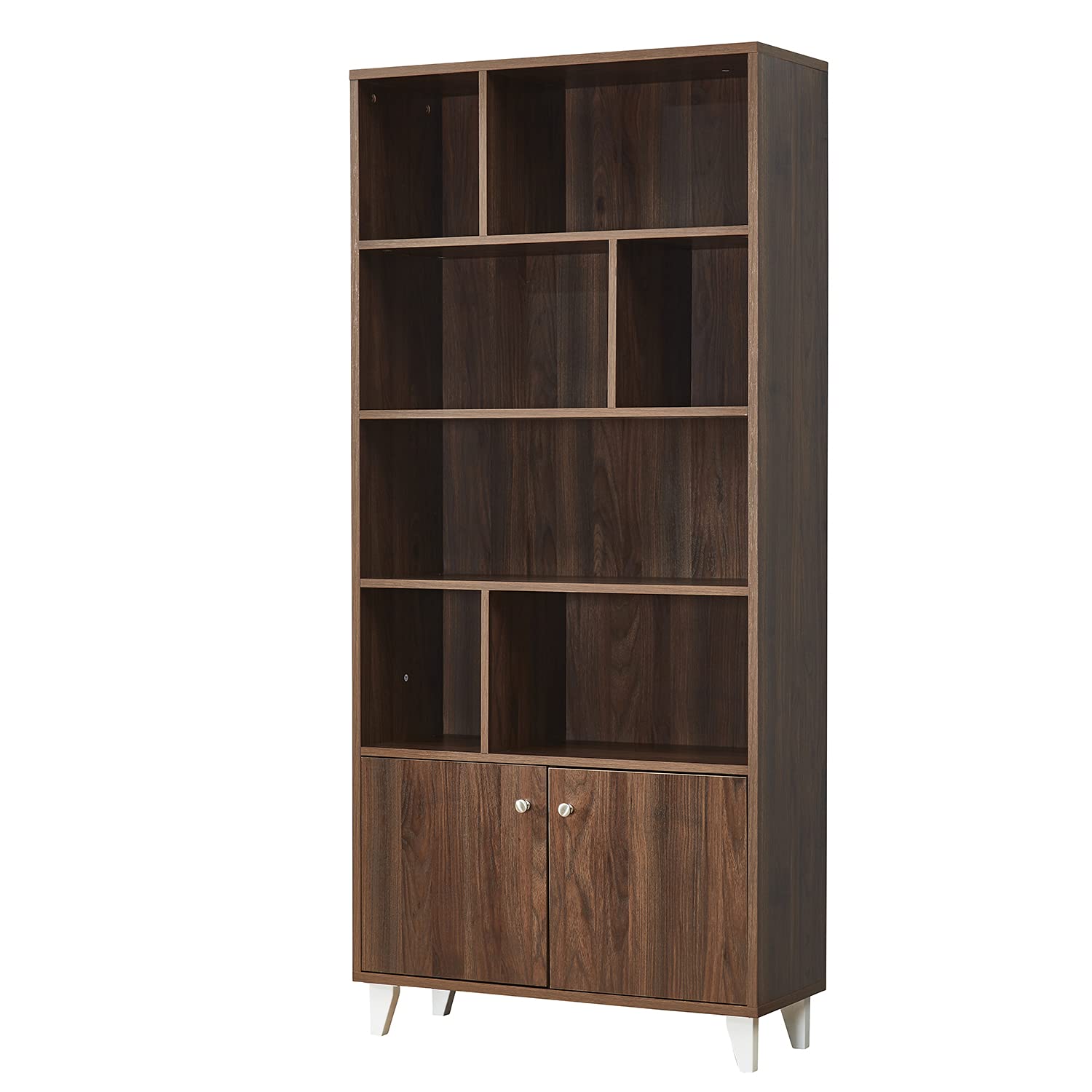 5-Tier Modern Wood Bookcase - Freestanding Bookshelf Display Rack with Storage Cabinet for Home Office, Living Room & Bedroom - Walnut Finish - Perfect for Organizing Books, Decor & Office Supplies