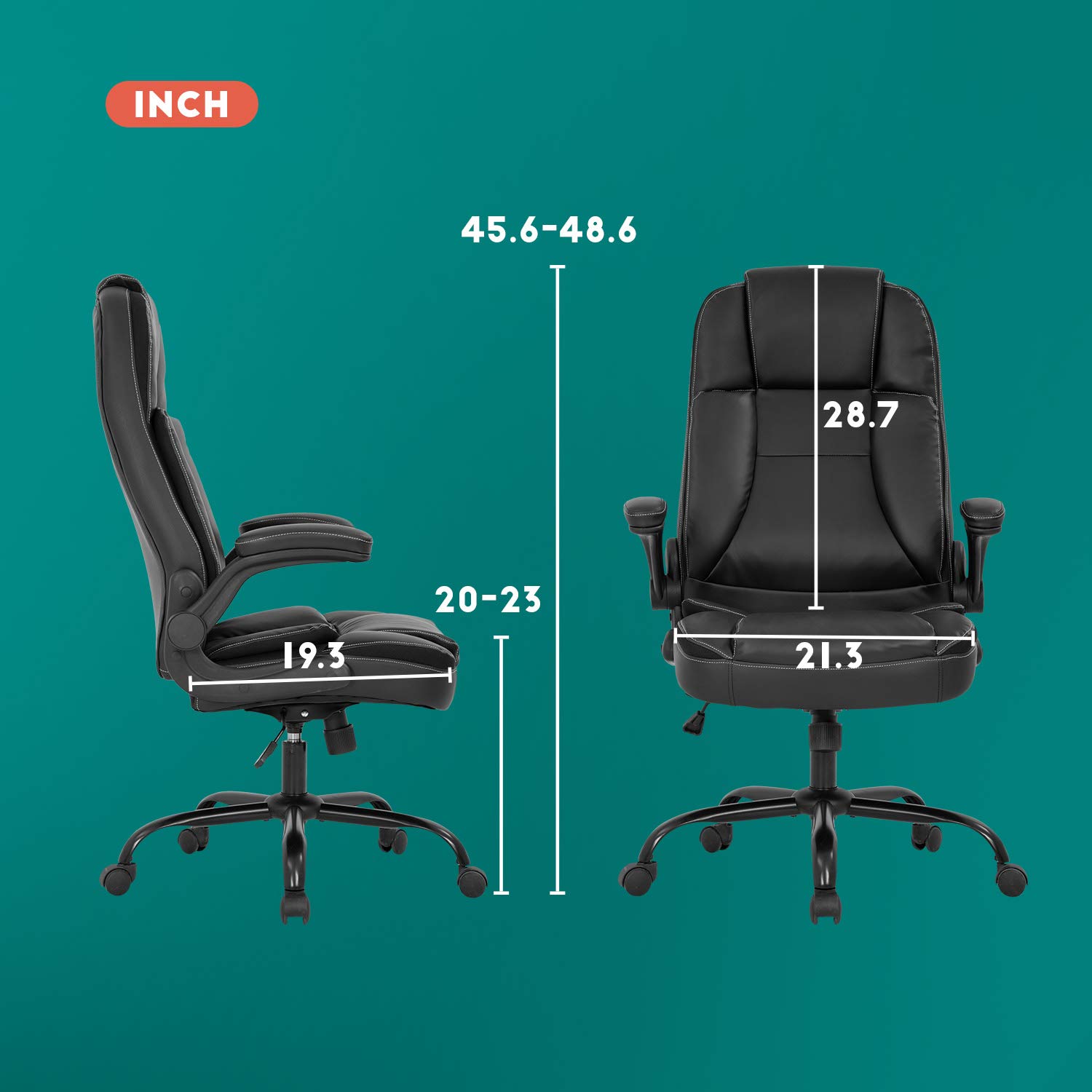 Ergonomic Office Chair with Lumbar Support - PU Leather Executive Desk Chair, Adjustable Flip-Up Armrests, Swivel Rolling Task Chair for Home & Office (Black) - Perfect for Long Work Hours, Gaming & Computer Use