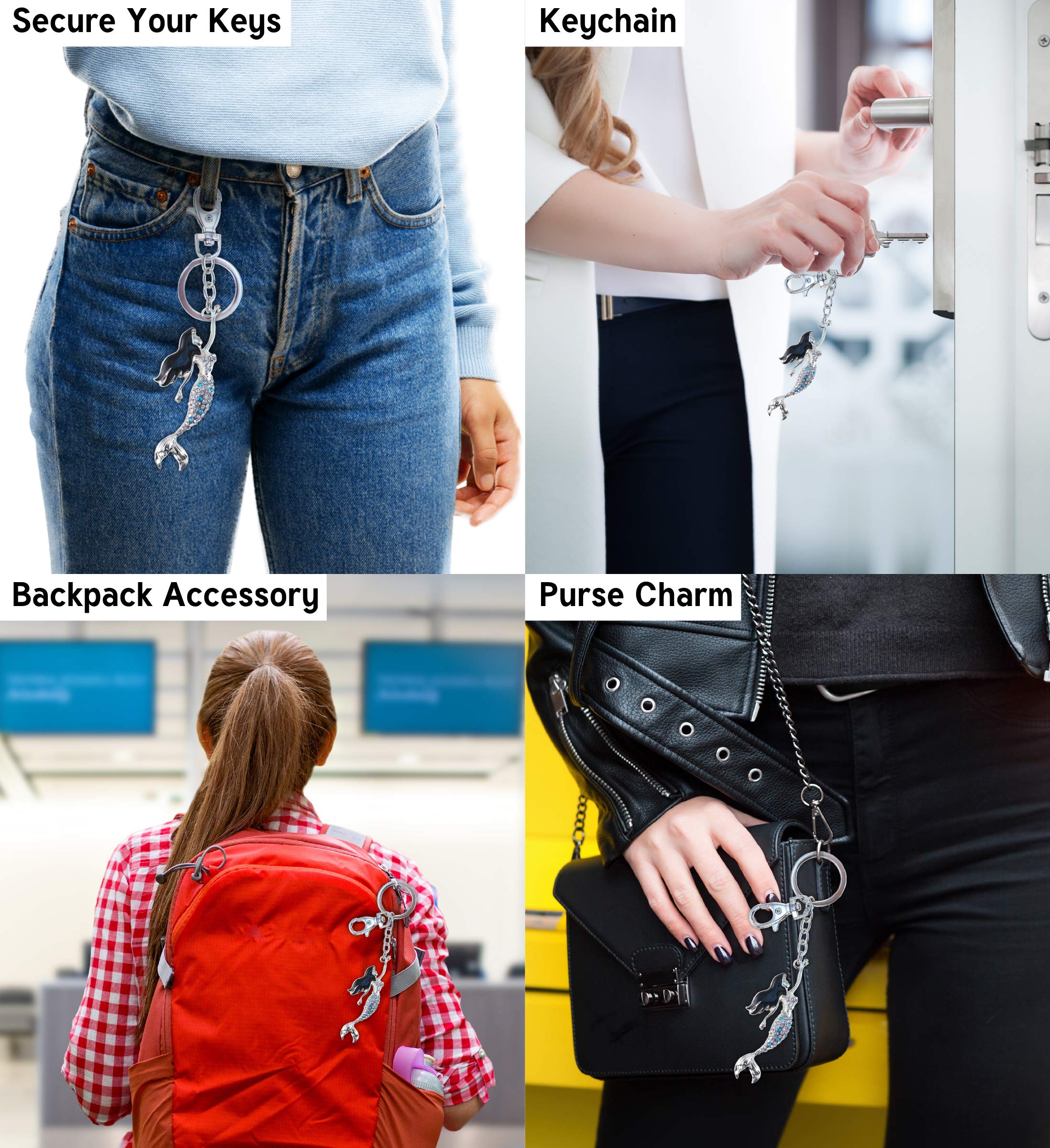 Aqua79 Mermaid Keychain - Silver 3D Sparkling Charm Rhinestone Keyring, Fashionable Alloy Jewelry Accessory with Clasp, Perfect for Gifts, Purse Decor & Backpack Accessories