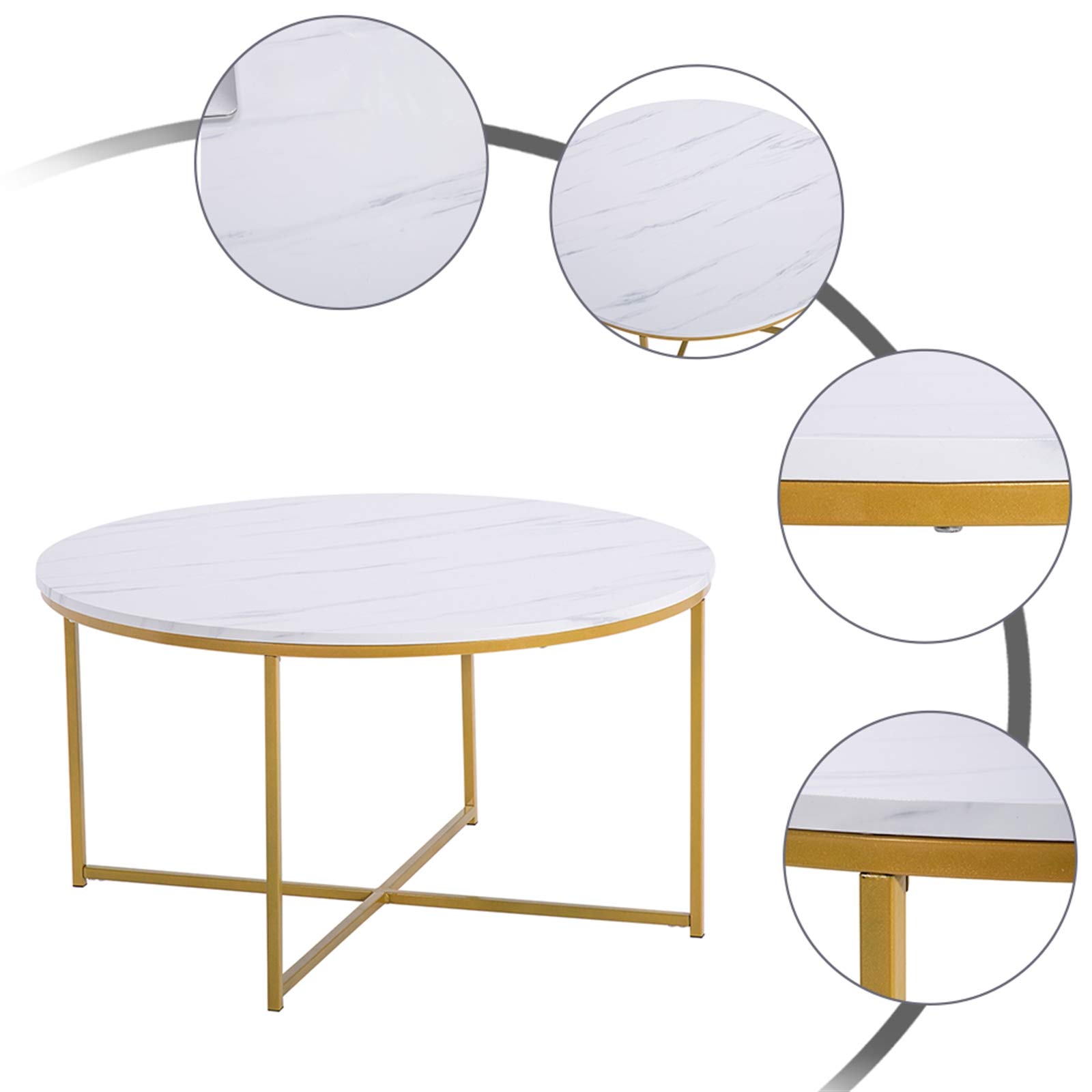 Modern Round Coffee Table with X-Shaped Powder-Coated Metal Legs - Minimalist White Side Table for Living Room, Bedroom & Office Decor