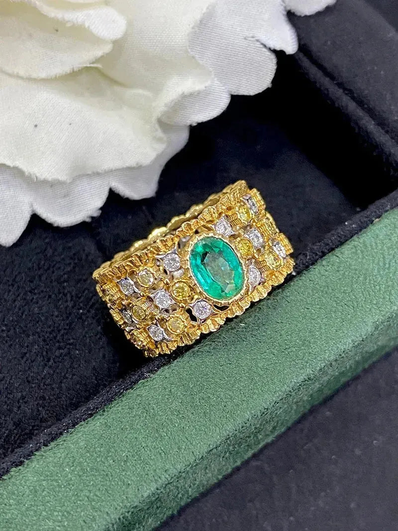 18K White & Yellow Gold Honeycomb Design Ring with Real Natural Emerald & Diamond for Women | Elegant Wedding, Engagement, Anniversary Jewelry Gift