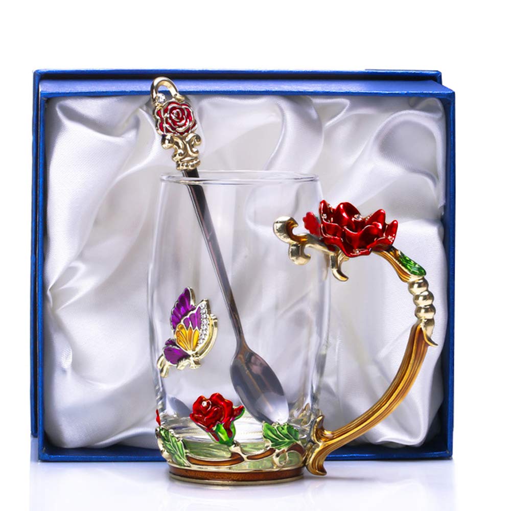 Kaiyuan Dynasty 12oz Glass Coffee Mug with Enamel Rose & Butterfly Design - Includes Spoon - Perfect for Tea, Coffee, or Hot Chocolate - Ideal for Birthday, Wedding Gifts & Home Decor