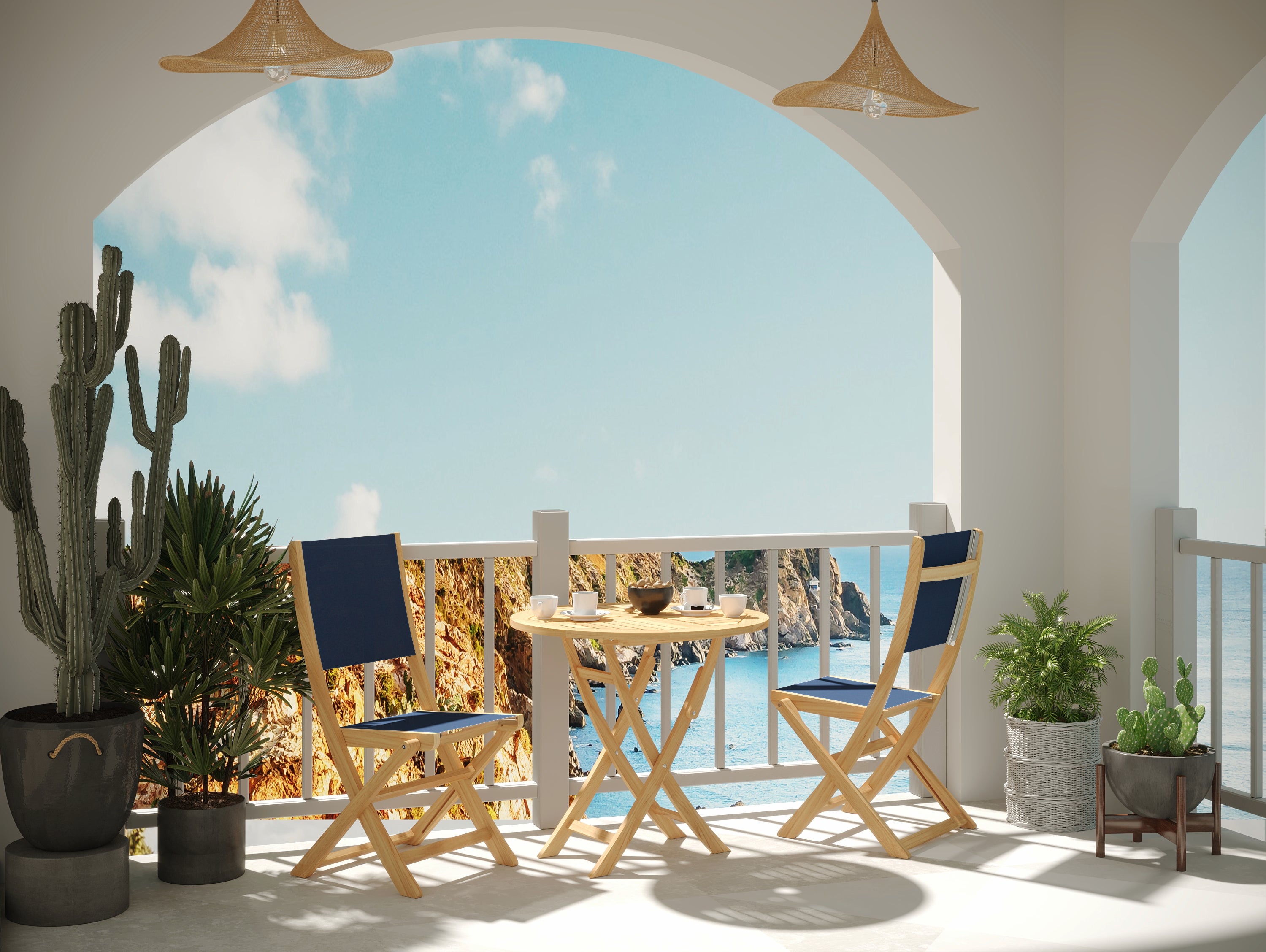 Premium 3-Piece Round Teak Outdoor Bistro Set - Folding Table & Chairs in Ocean Blue | Patio, Garden, Balcony Dining Furniture for Small Spaces