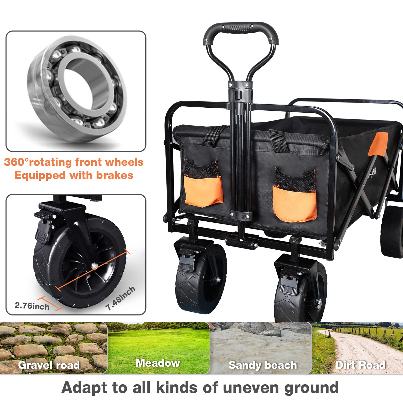 Foldable Wagon Cart with 330LBS Capacity - Heavy Duty Collapsible Utility Cart with All-Terrain Wheels for Beach, Camping, Picnic, Sports & Outdoor Activities | Perfect for Travel, Gardening, Shopping & Family Outings (Black)