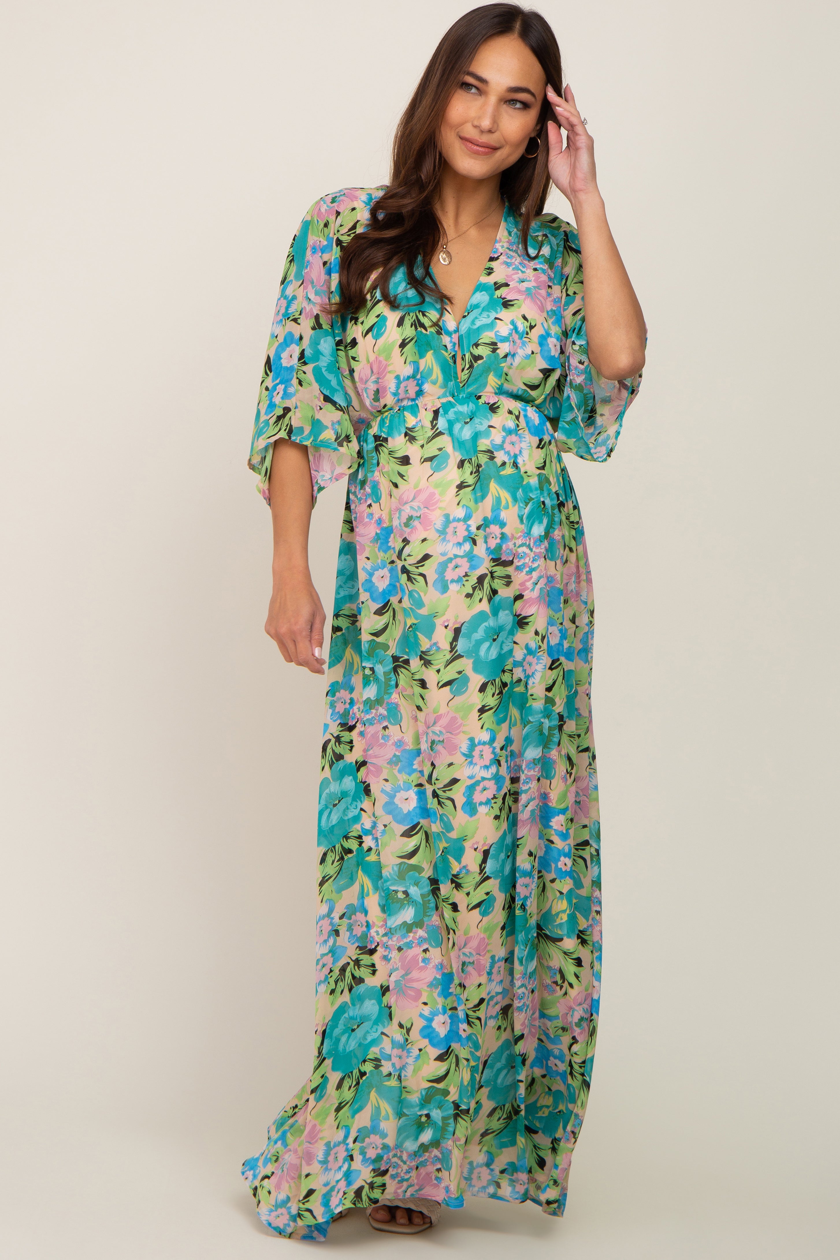 Beige Floral Chiffon Maternity Maxi Dress with Half Sleeves - Elegant Pregnancy Gown for Baby Shower, Wedding & Special Occasions
