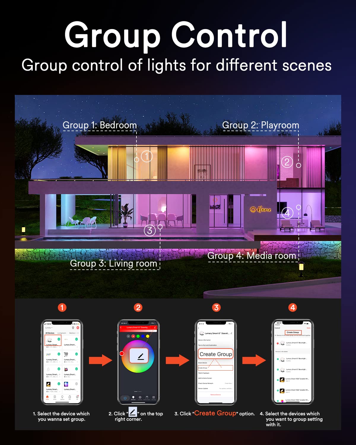 Lumary 6 Inch Smart Recessed Lighting - 4 Pack Canless LED Downlights with Color Changing, 13W 1000lm, Wi-Fi & Bluetooth Enabled, Works with Alexa & Google Assistant - Perfect for Living Room, Kitchen & Bedroom Ceiling Lighting