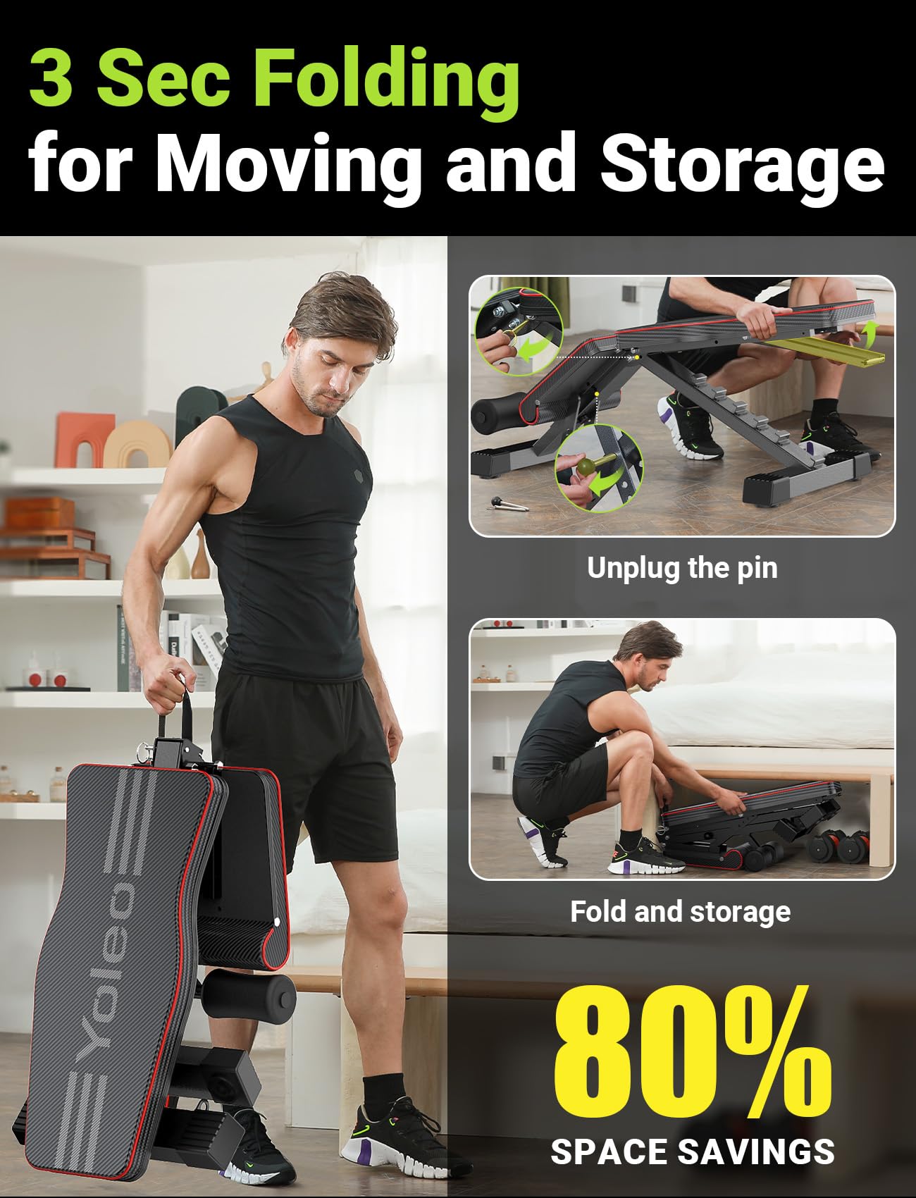 Yoleo Adjustable Weight Bench for Full Body Workout - Foldable Home Gym Bench Press for Strength Training - Incline Decline Flat Utility Workout Bench with Quick Folding & Fast Adjustment (Black) - Perfect for Home Gym, Garage Workouts & Personal Fitness Training