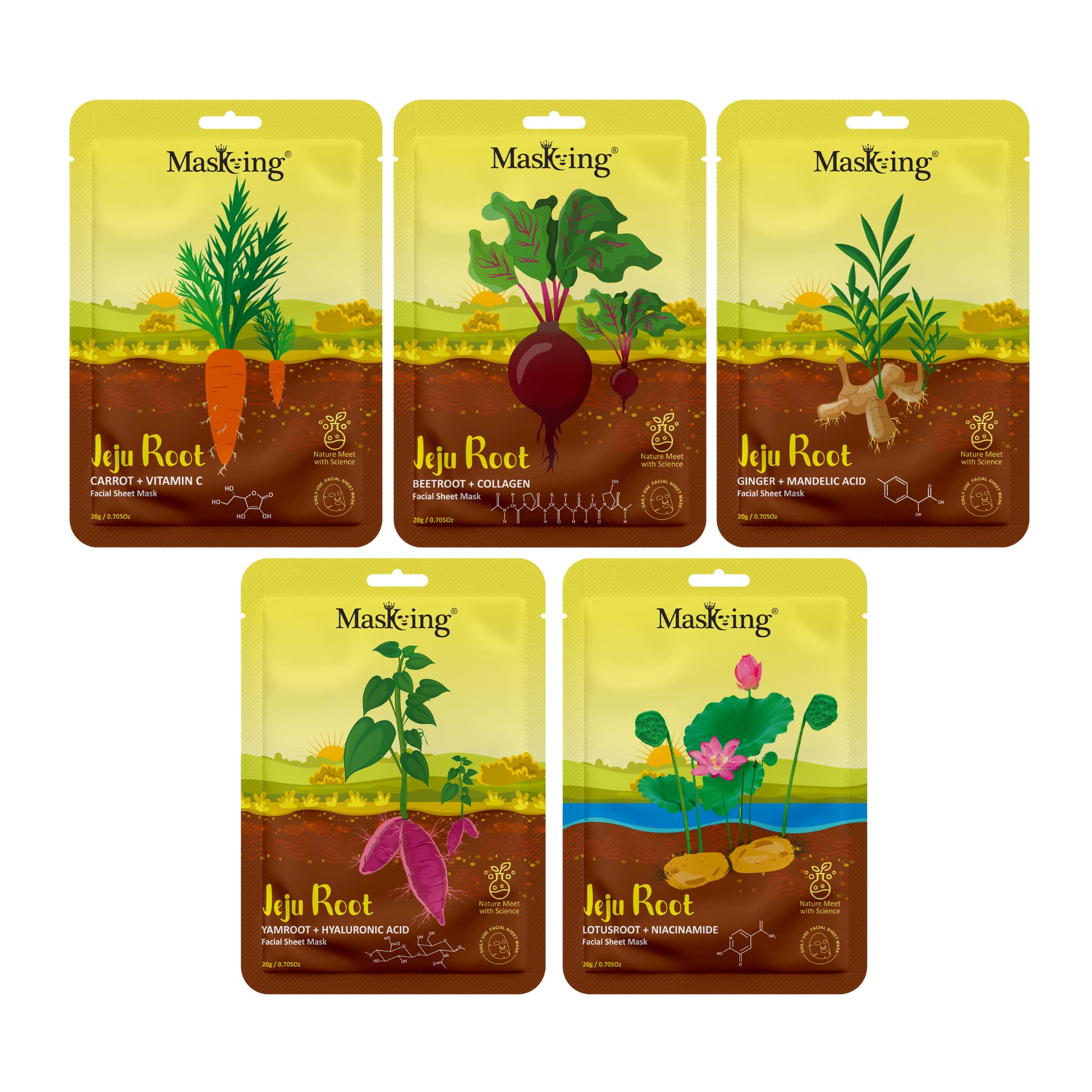 Jeju Root Hydrating & Brightening Face Sheet Mask for Women & Men - Pack of 5 | Deep Moisturizing & Skin Illuminating | Perfect for Daily Skincare & Spa Nights