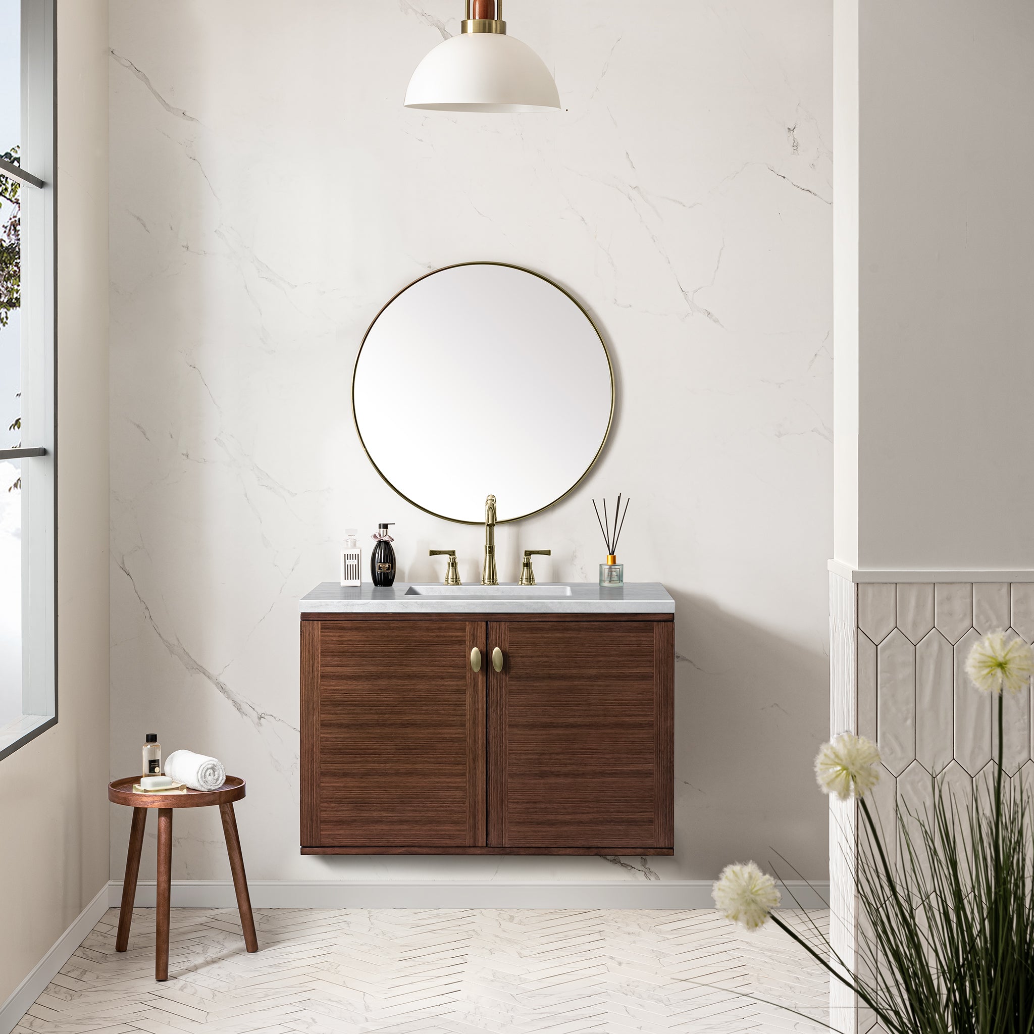 Amberly 36 Inch Single Bathroom Vanity with 3CM Arctic Fall Top - Mid Century Modern Walnut Design for Small Space Bathroom Remodeling & Home Decor