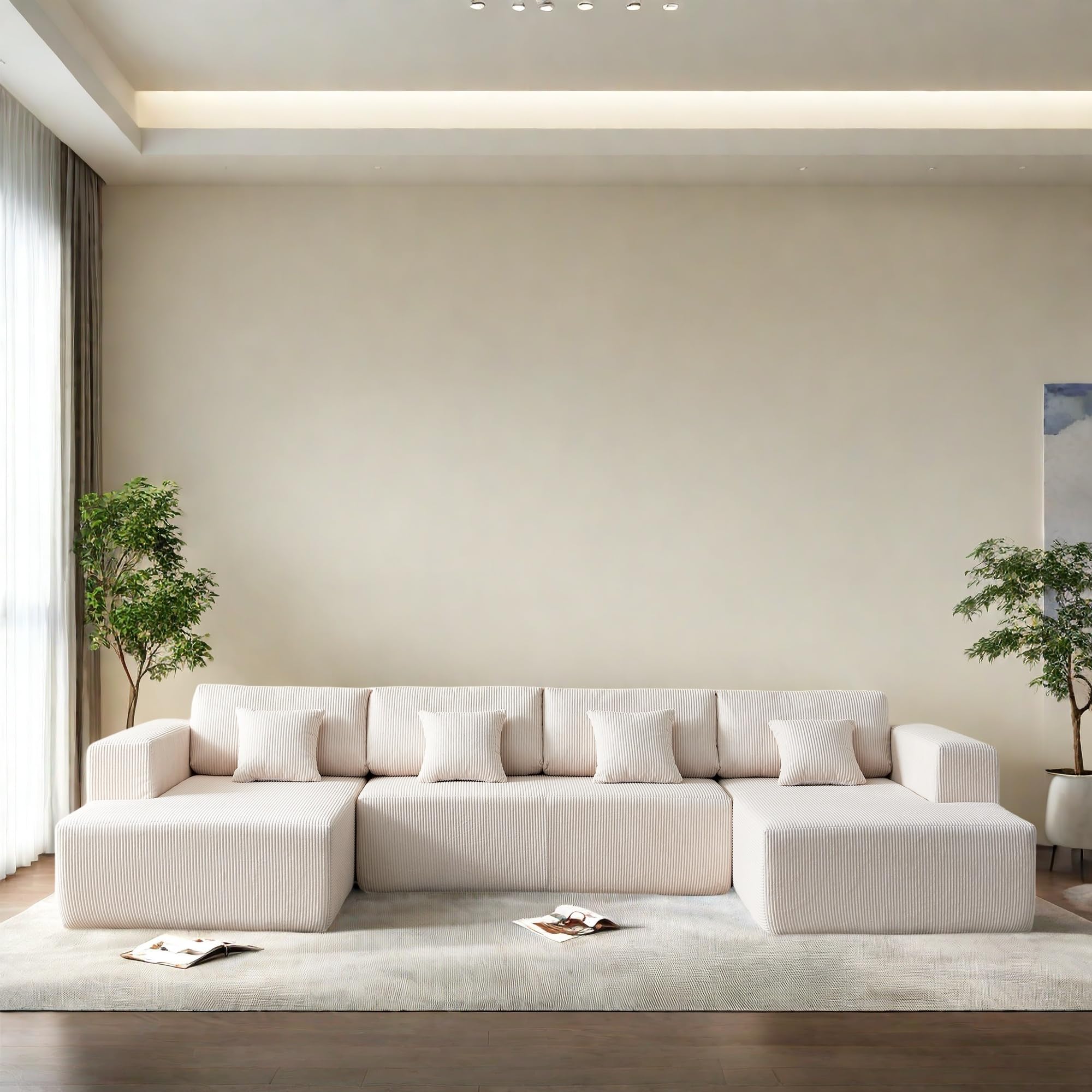 Luxury U-Shaped Sectional Sofa Set with Plush Corduroy Fabric & Reversible Chaise - 4-Seater Comfort Couch with Supportive Backrests for Living Room, Apartment - Perfect for Family Gatherings & Movie Nights (White)