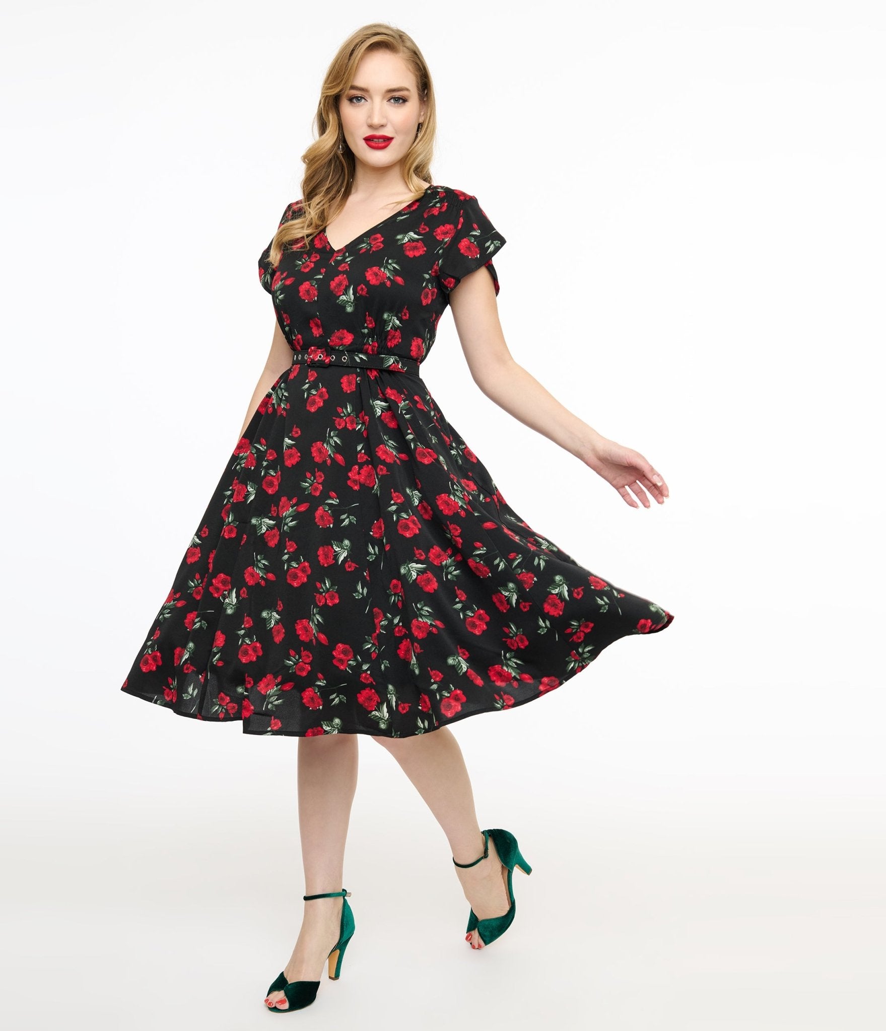 Vintage 1940s Black & Red Floral Print Swing Dress with Tulip Sleeves - Retro Tea Length Dress for Women, Perfect for Cocktail Parties, Weddings & Vintage Themed Events