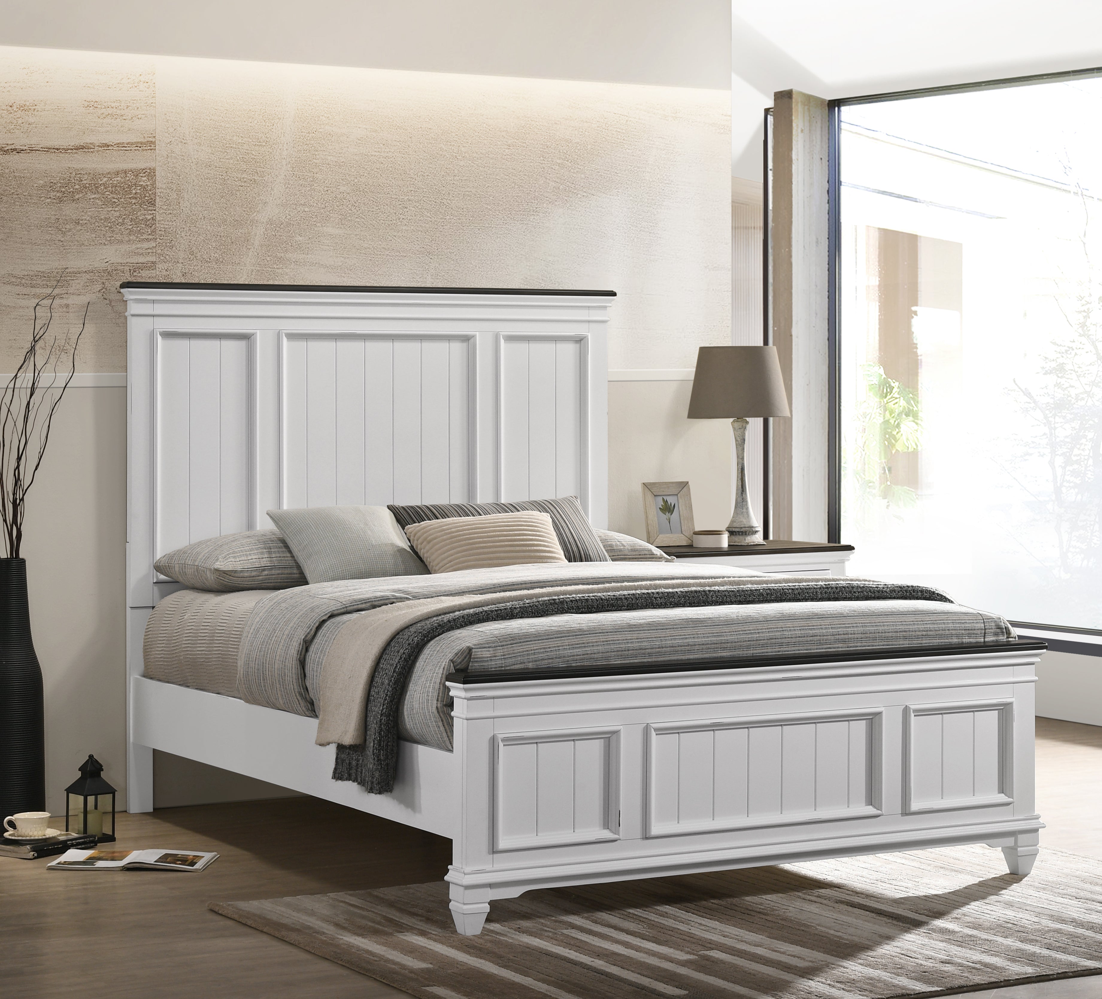 Clelane Shiplap Wood Panel Bed - Weathered White & Walnut Finish - Rustic Farmhouse Style Bed Frame for Master Bedroom, Guest Room or Vacation Home