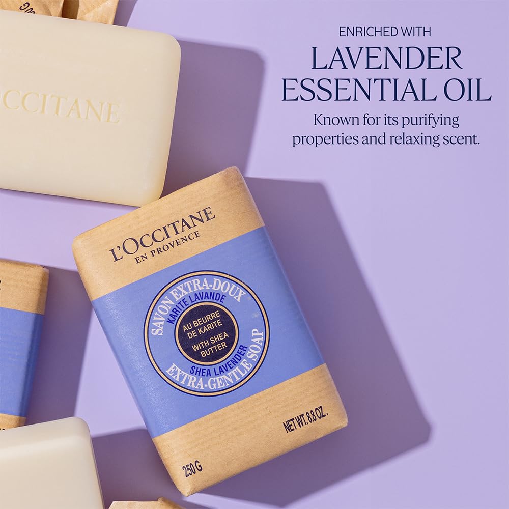 L'Occitane Shea Butter Extra-Gentle Solid Hand & Body Soap - Vegan, Vegetable-Based, Artisanal (Citrusy Shea Verbena, Relaxing Shea Lavender, Shea Milk) | Perfect for Spa Days, Relaxing Baths & Gentle Skin Care