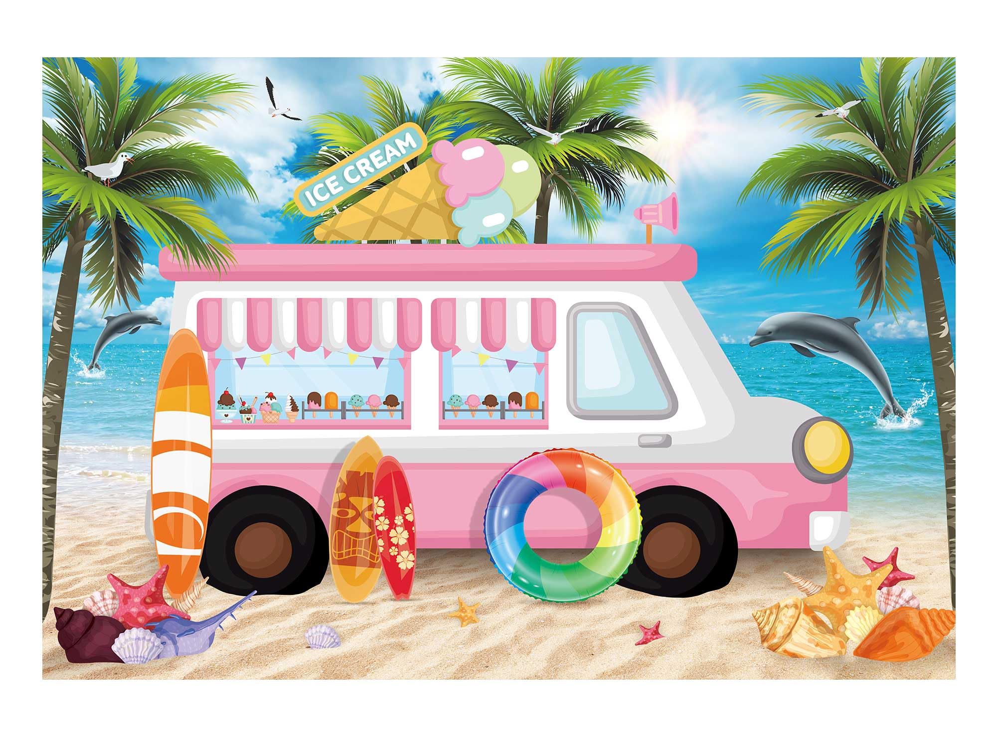 Funnytree 7x5ft Ice Cream Party Backdrop - Pink Dessert Shop Truck Photography Background for Summer, Hawaii Beach & Seaside Themes - Perfect for Baby Girl Birthday, Kids Cake Table Decor, Photo Studio Booth Props & Sweet Party Scenes