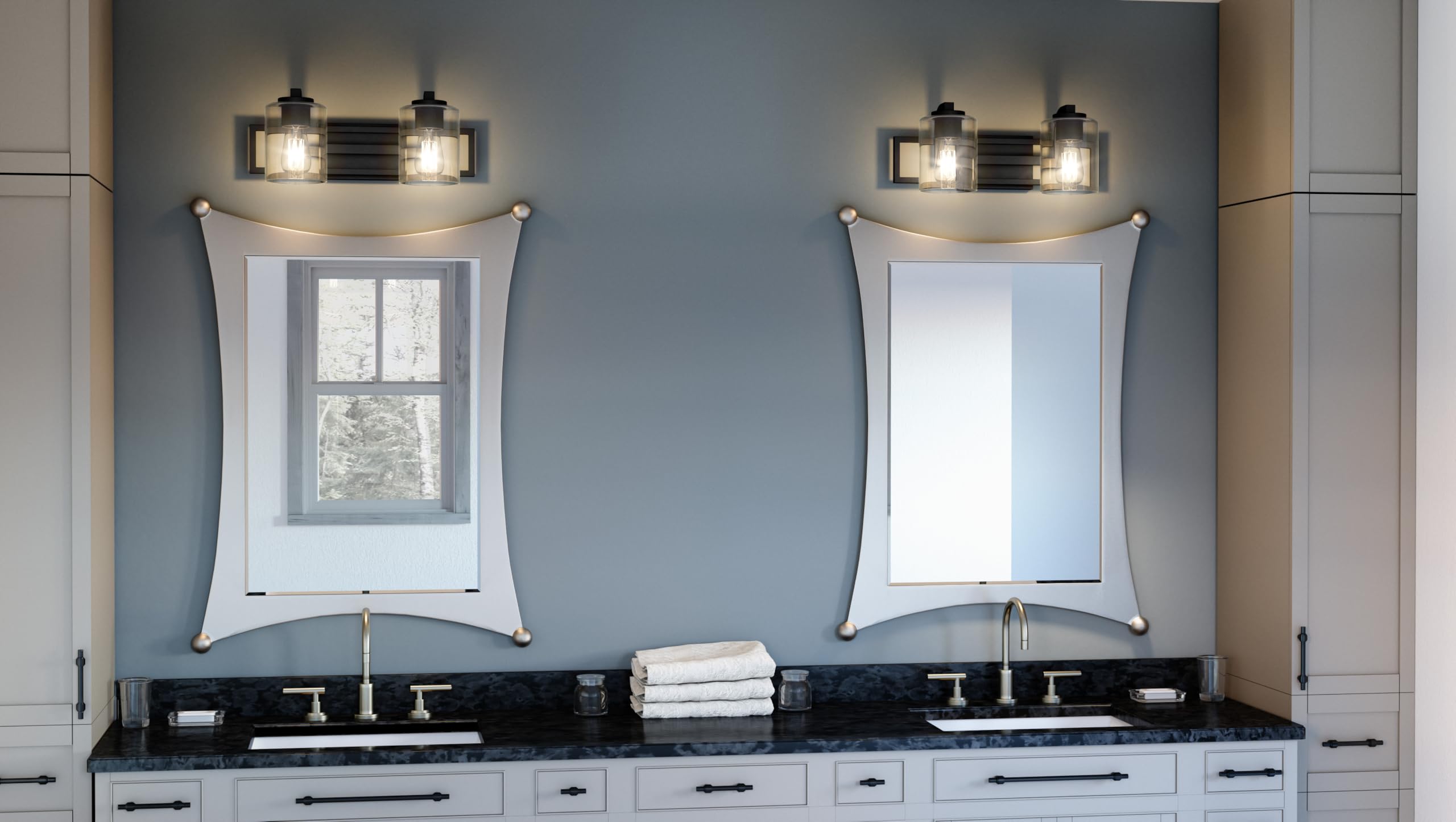 Quoizel Lansdowne 18.25 Inch Modern Bath Vanity Light Fixture - 2-Light Matte Black Wall Sconce with Clear Glass Shade (100W) - Perfect for Bathroom Mirror Lighting, Dresser, Kitchen or Hallway Decoration - Ideal for Modern Home & Spa Style Interior Design