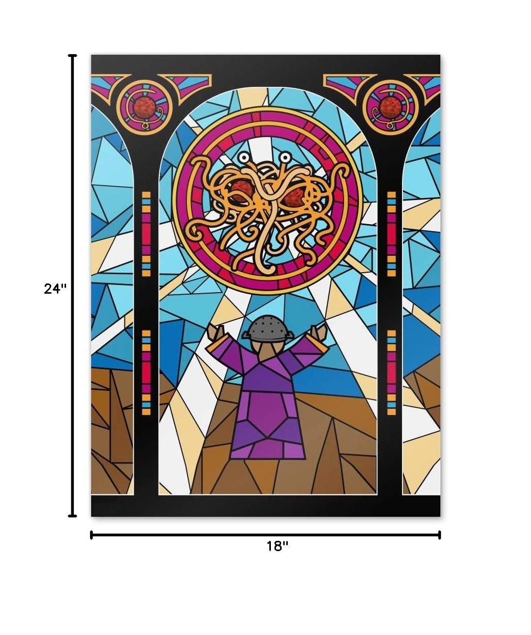 Flying Spaghetti Monster Stained Glass Wall Art - Unique Home Decor Poster for Kitchen, Living Room & Office - Gothic Religious Humor Gift for Atheists & Pastafarians