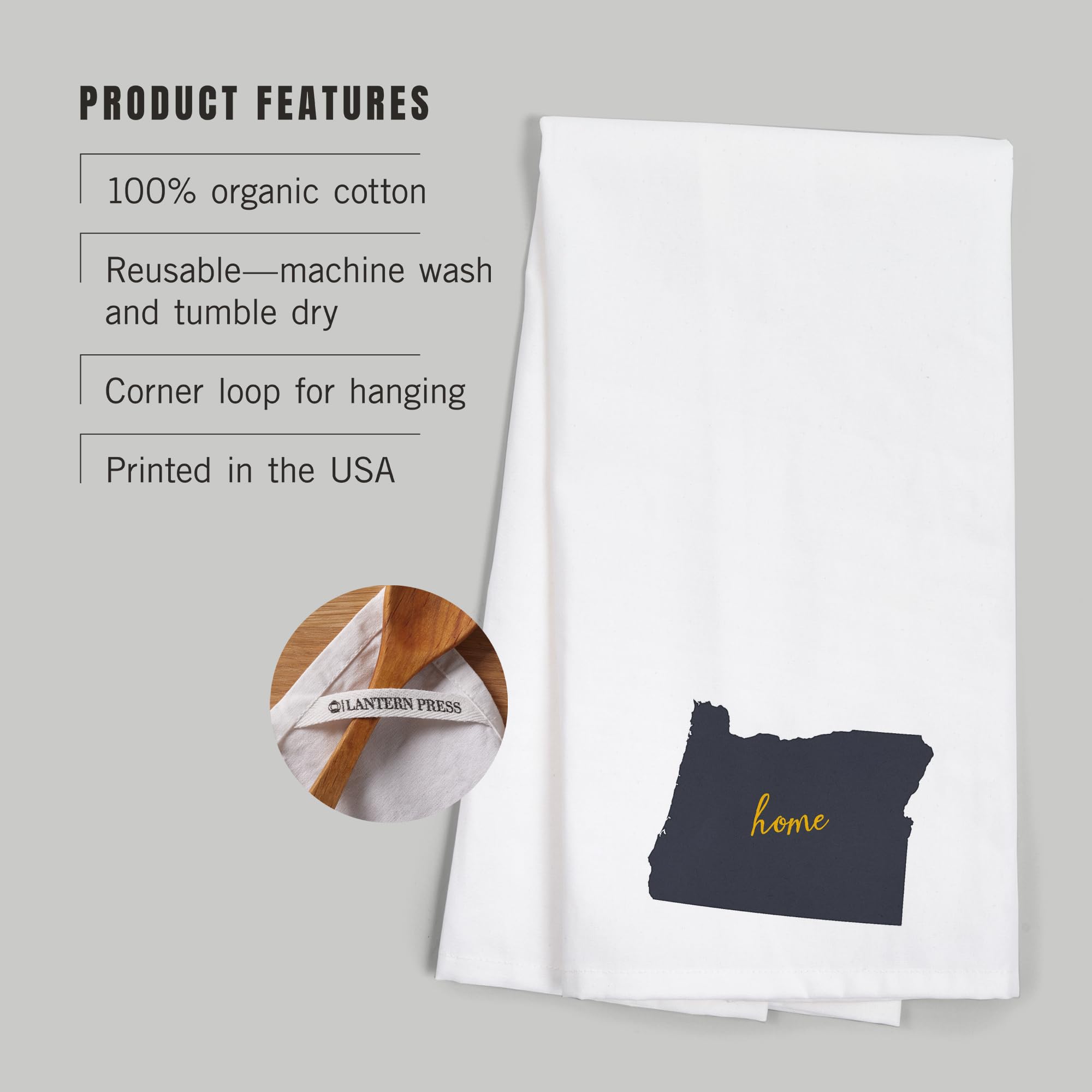Lantern Press Oregon Home State Gray on White 100% Cotton Tea Towel - Decorative Hand Towel for Kitchen, Bathroom & Home Decor - Perfect for Gifts, Dish Drying and Farmhouse Style Decor