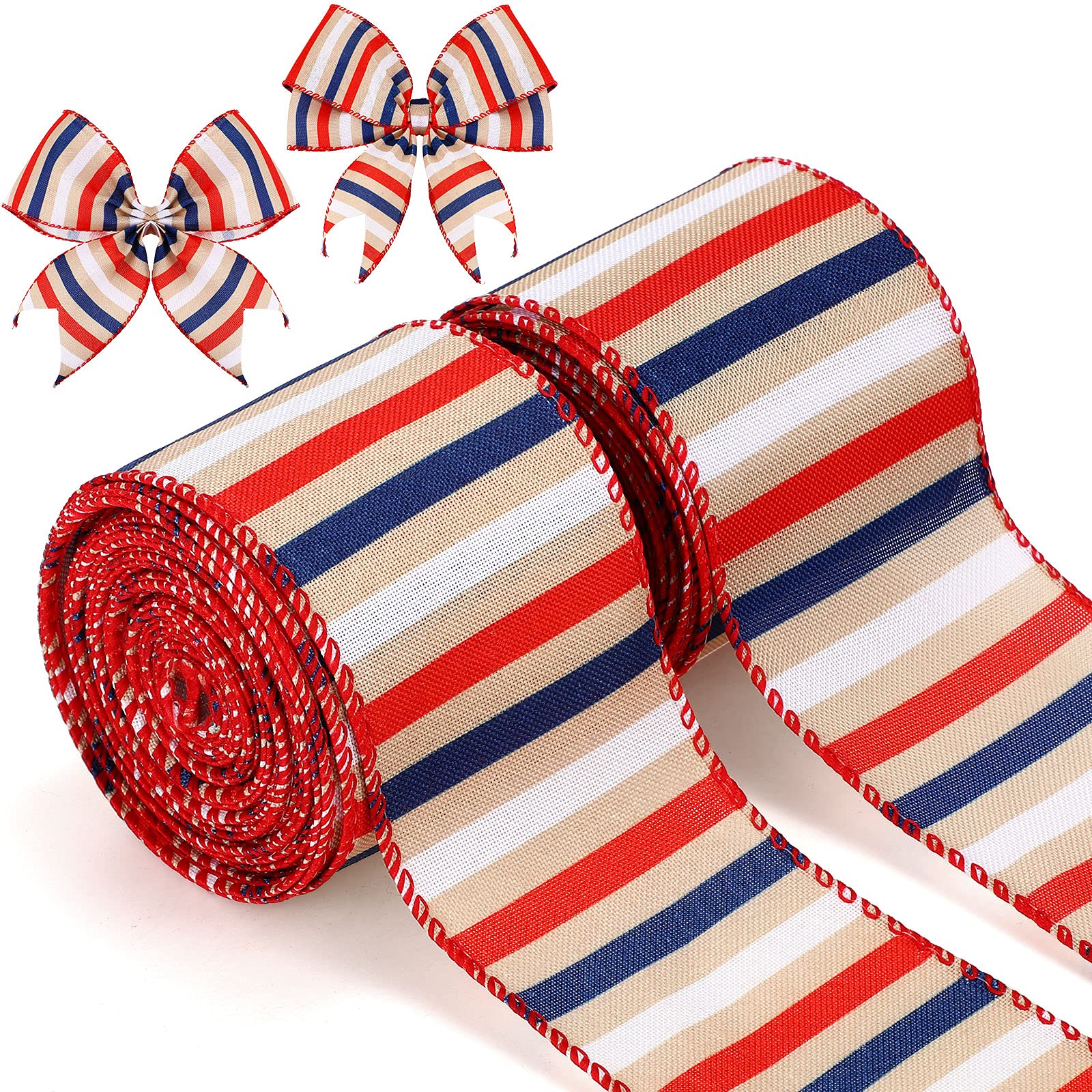 2 Rolls 10 Yards Horizontal Stripe Wired Burlap Ribbon for Wreath Making, Gift Wrapping, Bow Decorations - Red White and Blue Patriotic Craft Ribbon for Christmas, 4th of July, DIY Home Decor