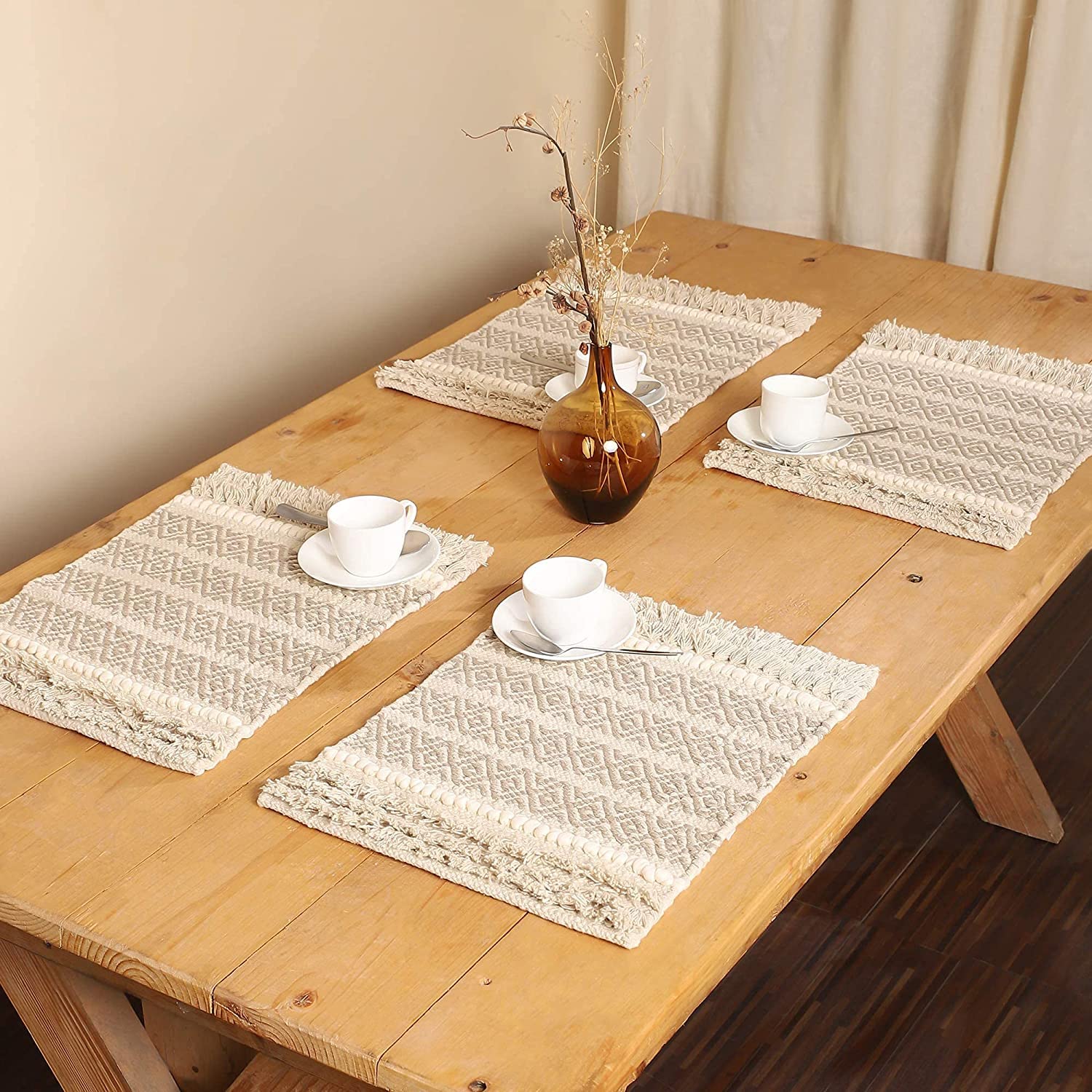 Hand Woven Boho Placemats Set of 6 - 100% Cotton Artisan Table Linens for Dining Table, Coffee Table, Console & Dresser (13x20 Inches, Natural) | Perfect for Farmhouse Decor, Dinner Parties & Boho Chic Home Styling