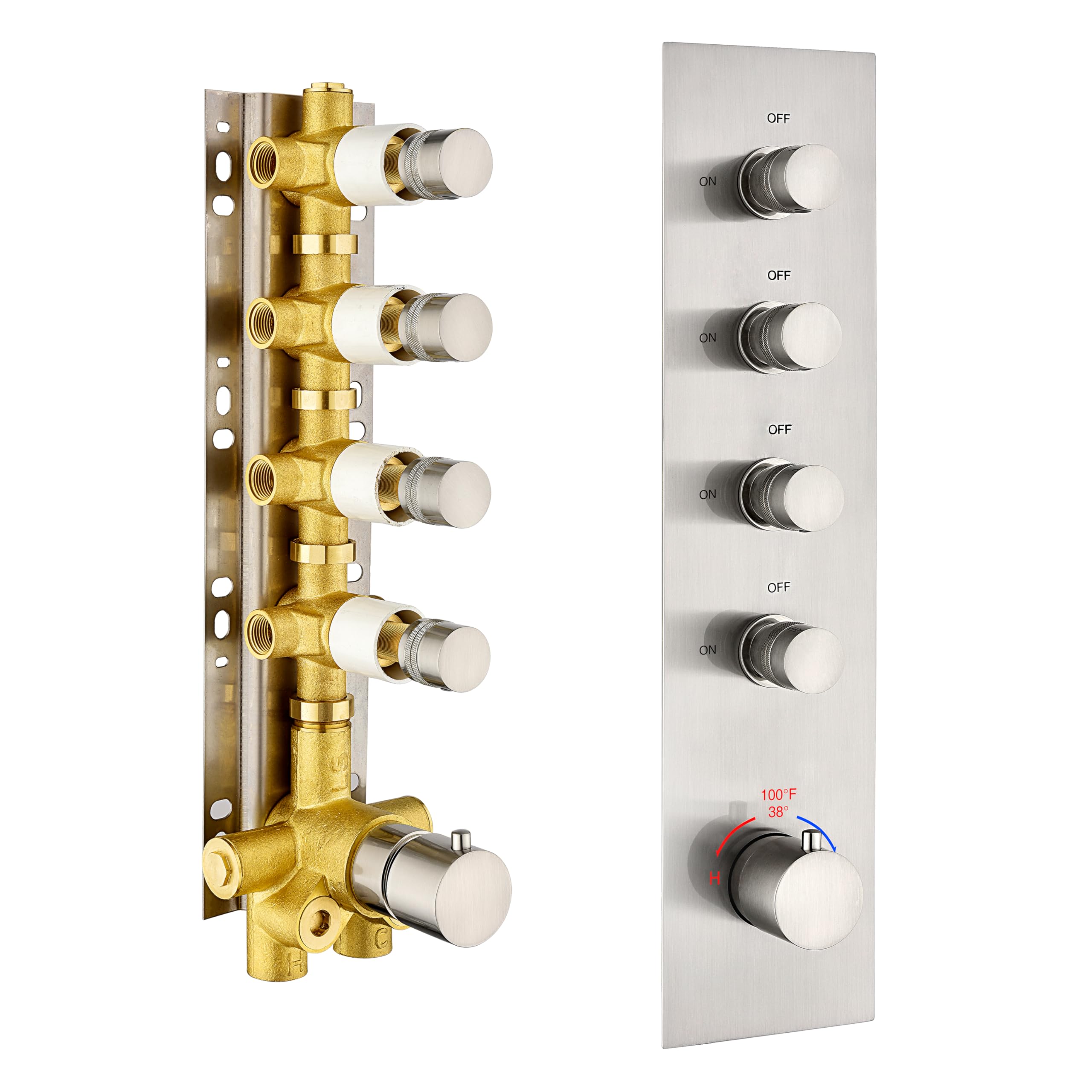 4-Way Shower Diverter Valve Brushed Nickel - Thermostatic Mixer Brass Valve with 4 Functions & Individual Flow Control - Perfect for Bathroom Renovation & Multi-Head Shower Systems