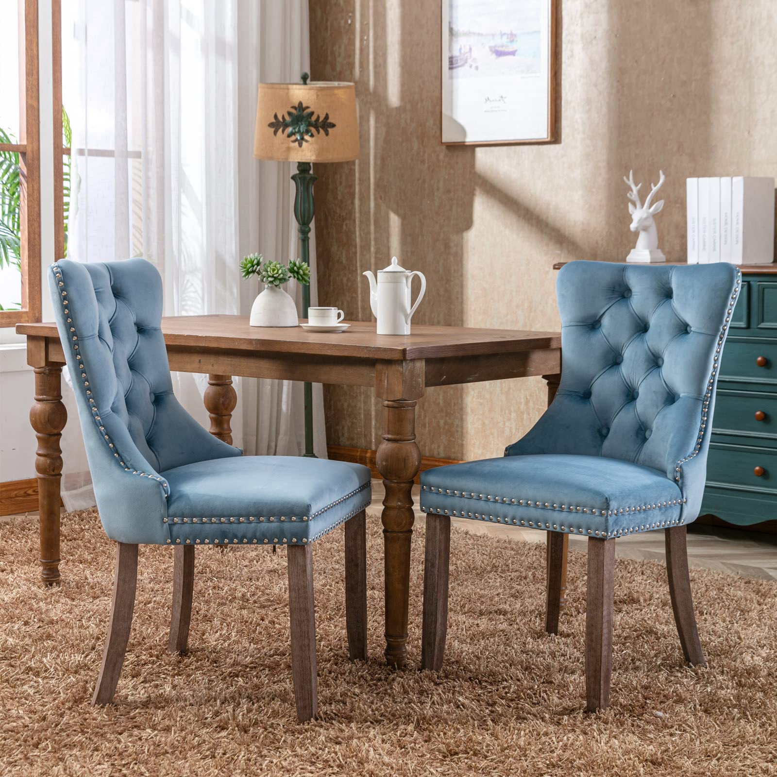 Luxury Velvet Upholstered Dining Chairs Set of 2 - Modern Tufted Parsons Bar Stools with Nailhead Trim & Wood Legs - Wingback Accent Chairs for Living Room, Kitchen, Dining Room - Light Blue Home Decor