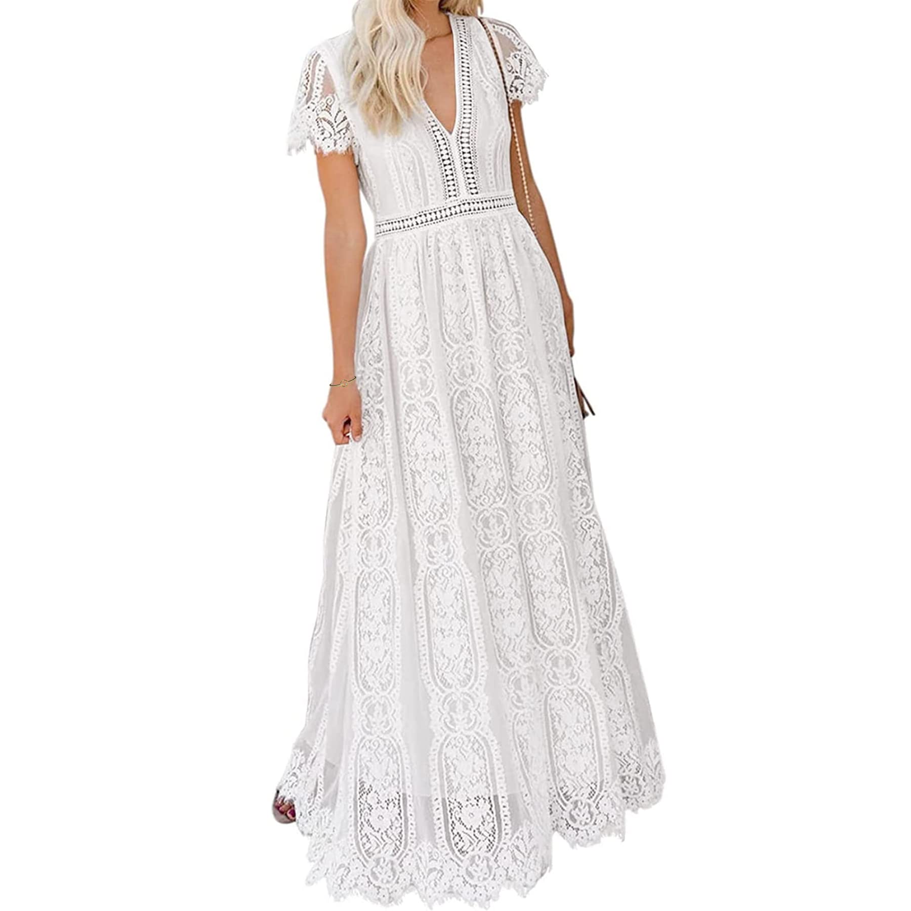 BIGSPCE Women's Sexy Floral Lace Long Dress - V-Neck Short Sleeve Bridesmaid Gown for Wedding, Cocktail Party & Formal Dinner | Elegant Evening Wear & Special Occasion Dress