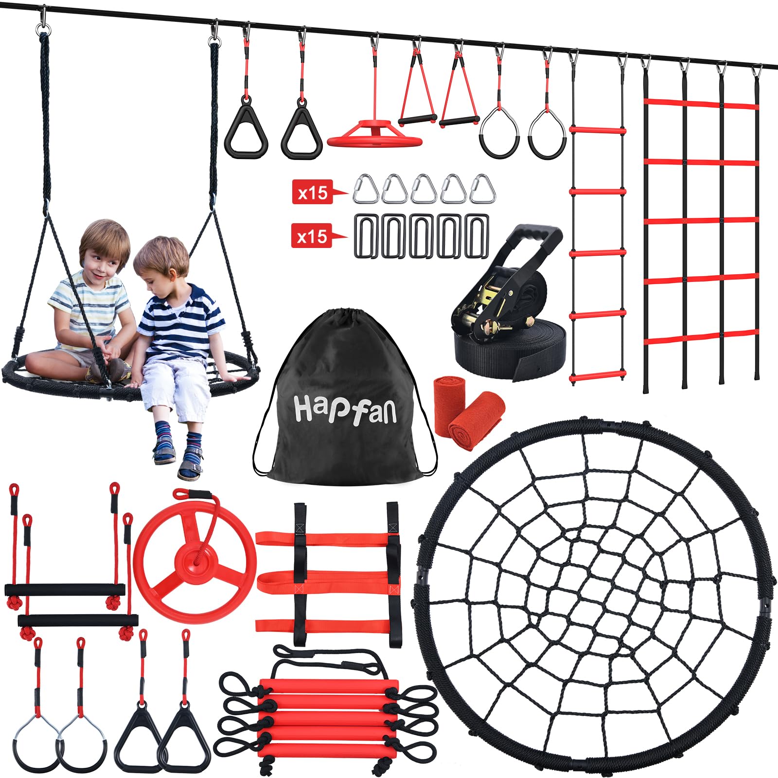 Hapfan 50ft Ninja Warrior Obstacle Course for Kids - Portable Slackline & Tree Swing Set with Weatherproof Obstacles - Backyard Jungle Gym Outdoor Playset for Kids & Teens - Perfect for Birthday Parties, Playgrounds & Backyard Adventures