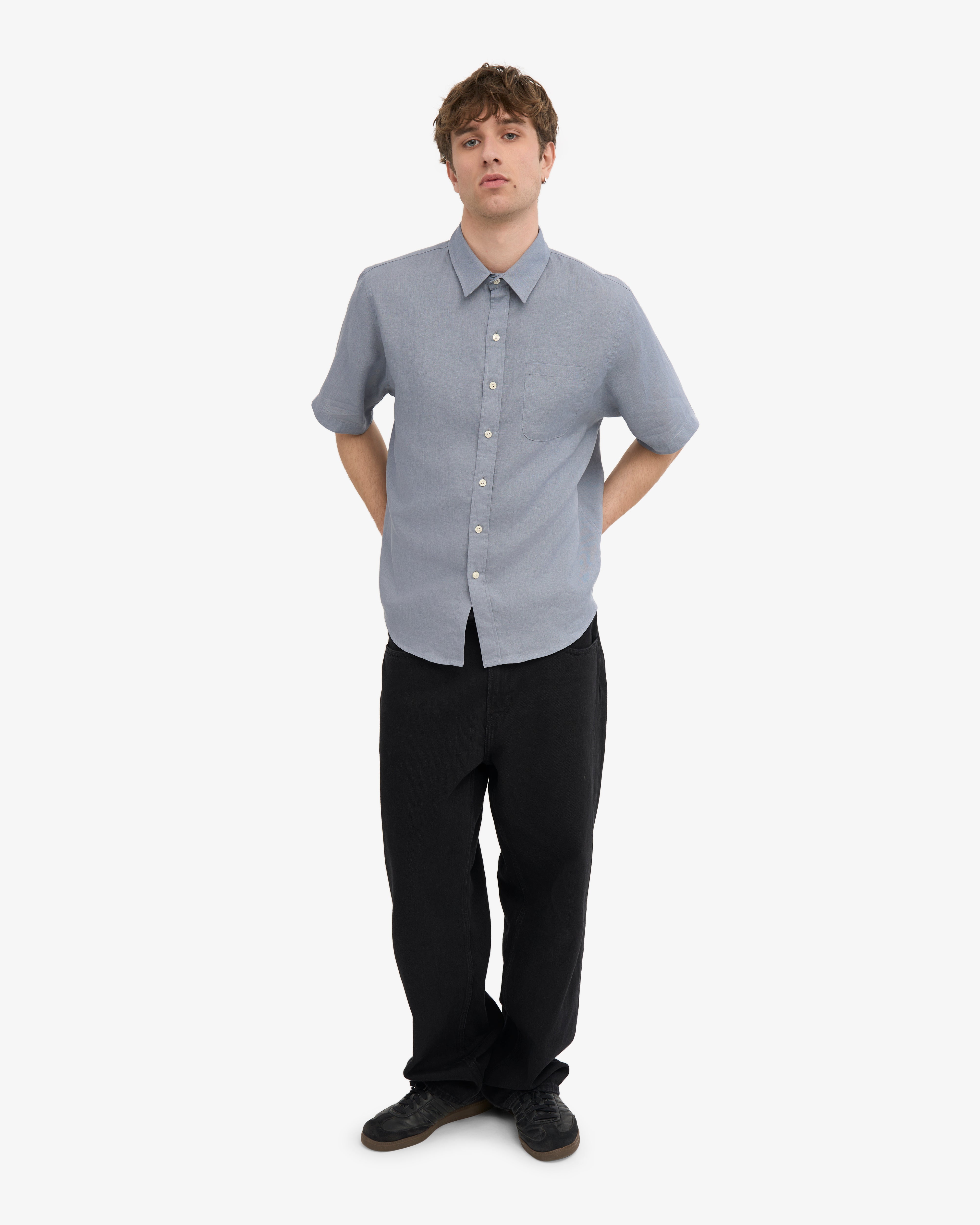 Premium Linen Short Sleeve Shirt for Men - Steel Blue | Breathable Summer Casual Wear for Outdoor & Office