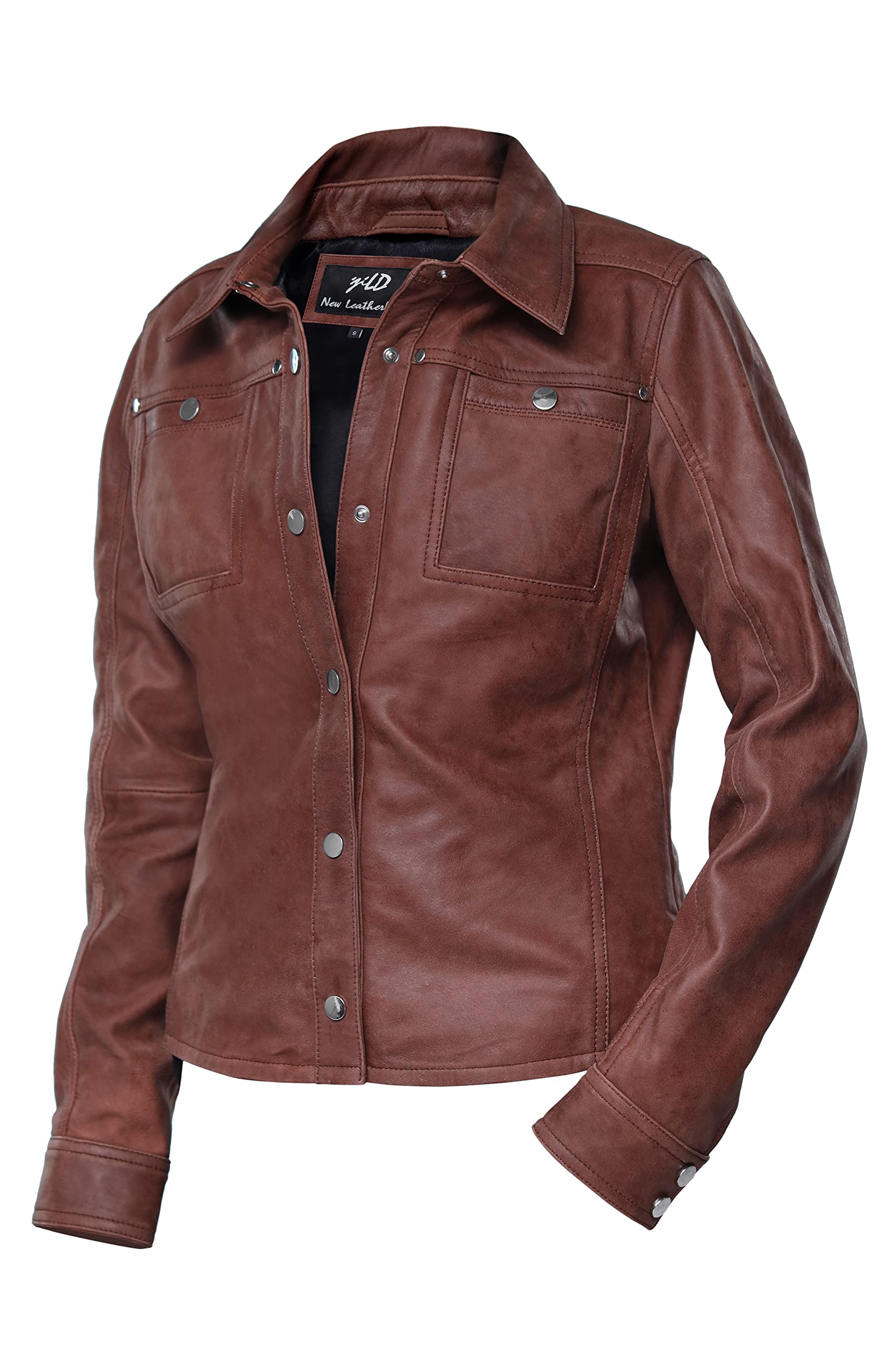 Jild Women's Button Front Lambskin Leather Jacket Shacket - Casual Long Sleeve Shirt Jacket with Bust Pocket | Perfect for Fall Layering, Date Nights & Office Wear