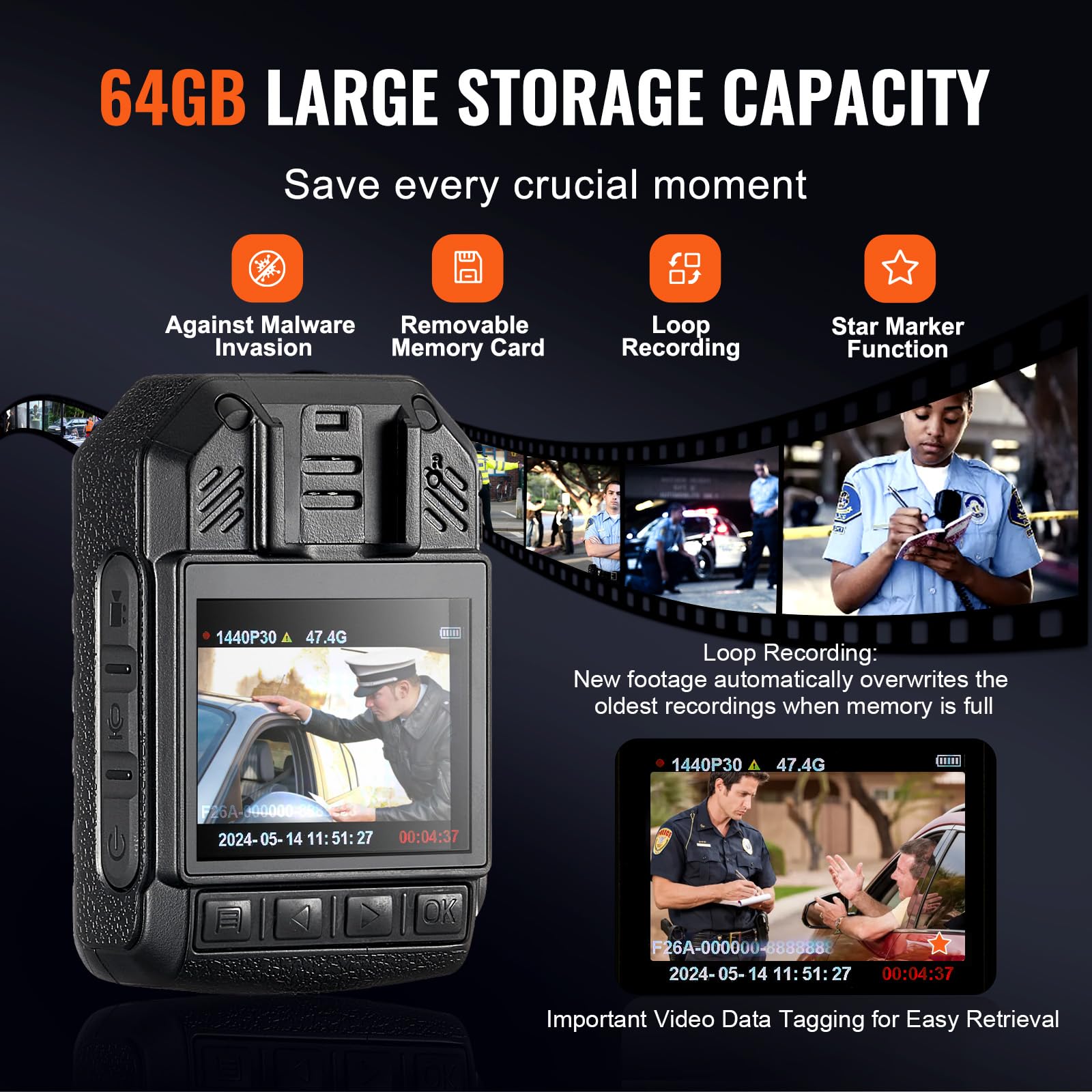 VEVOR 1440P HD Police Body Camera with Night Vision - 64GB Body Cam with Audio Video Recording, 2850mAh Battery, 2