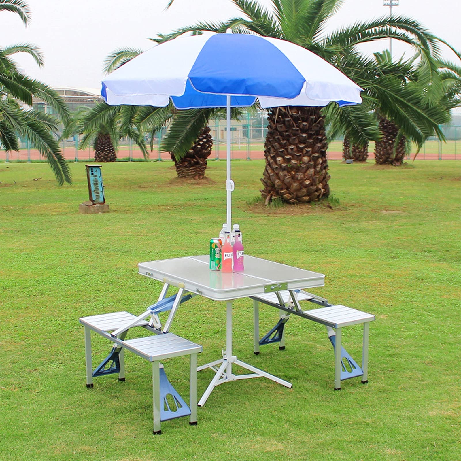 WANGLE Portable Folding Outdoor Picnic Table and Chair Set with Umbrella Hole - 4 Seat Aluminum Camping Dining Set for Backyard, Beach, BBQ Party (Silver) | Perfect for Outdoor Gatherings, Patio Dining & Picnics