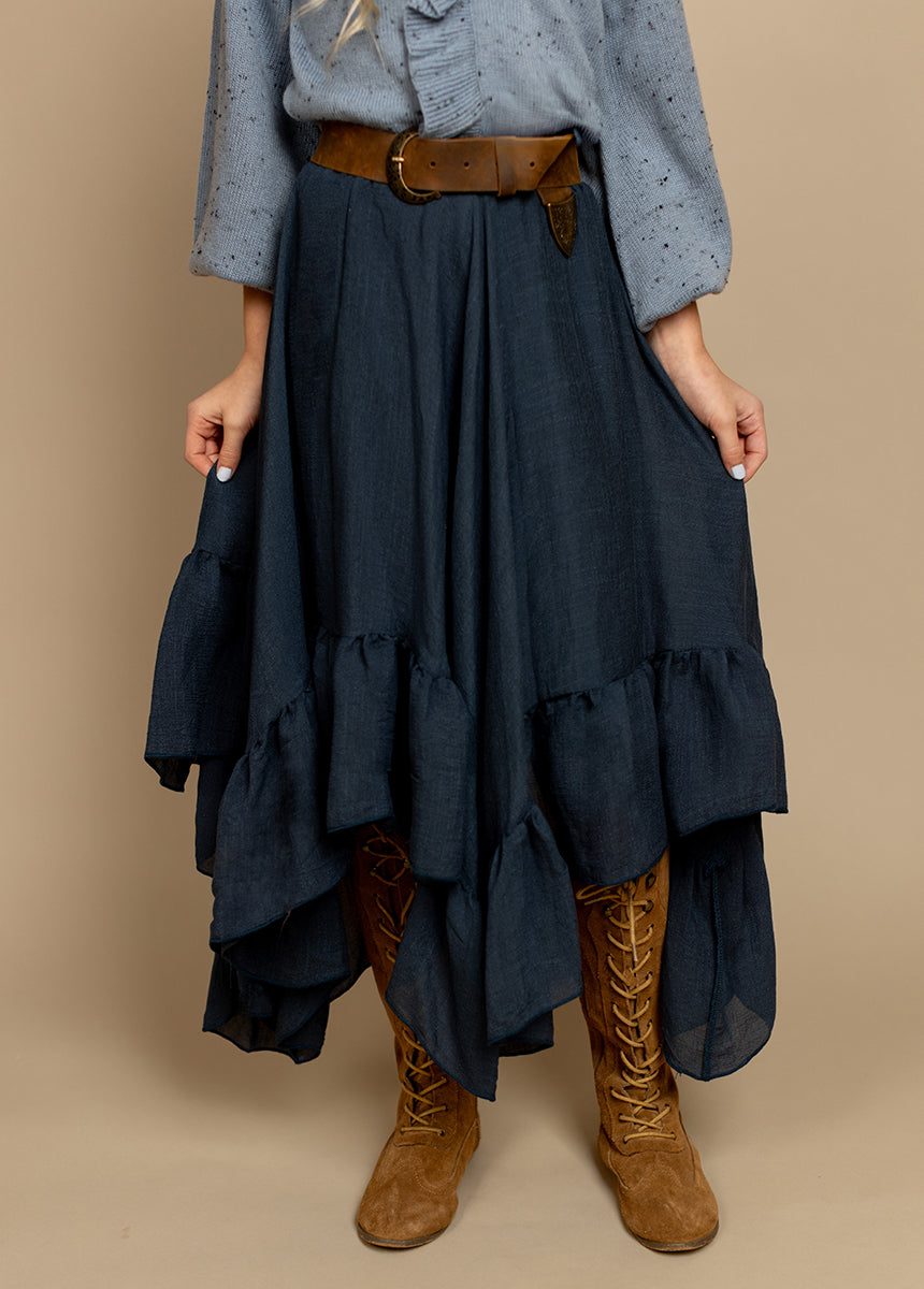 Poesie Navy Blue Skirt - Women's Elegant A-Line Midi Skirt for Casual Wear, Office & Special Occasions